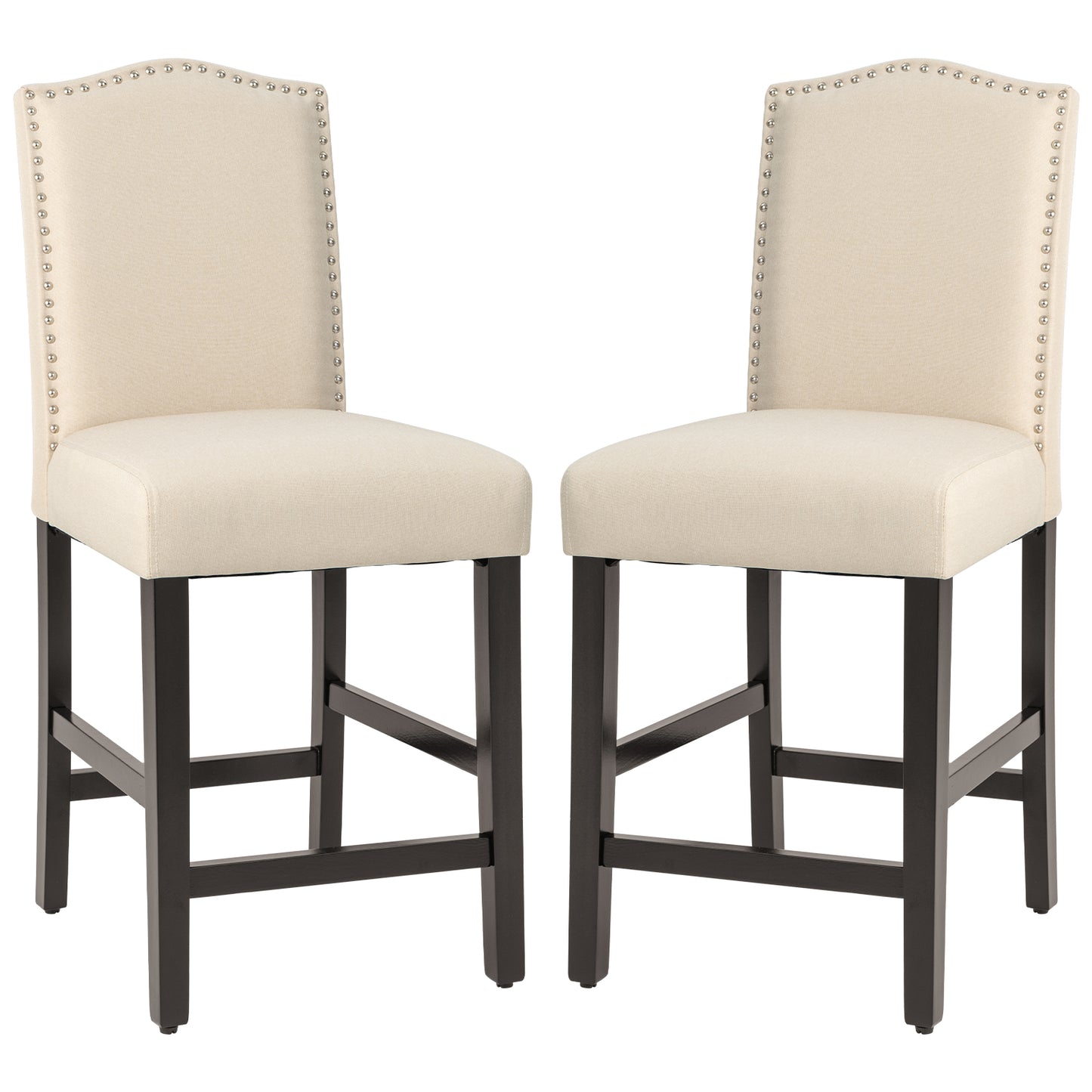 Set of 2 Upholstered Fabric Counter Height Dining Chairs with Nailhead Trim in Beige