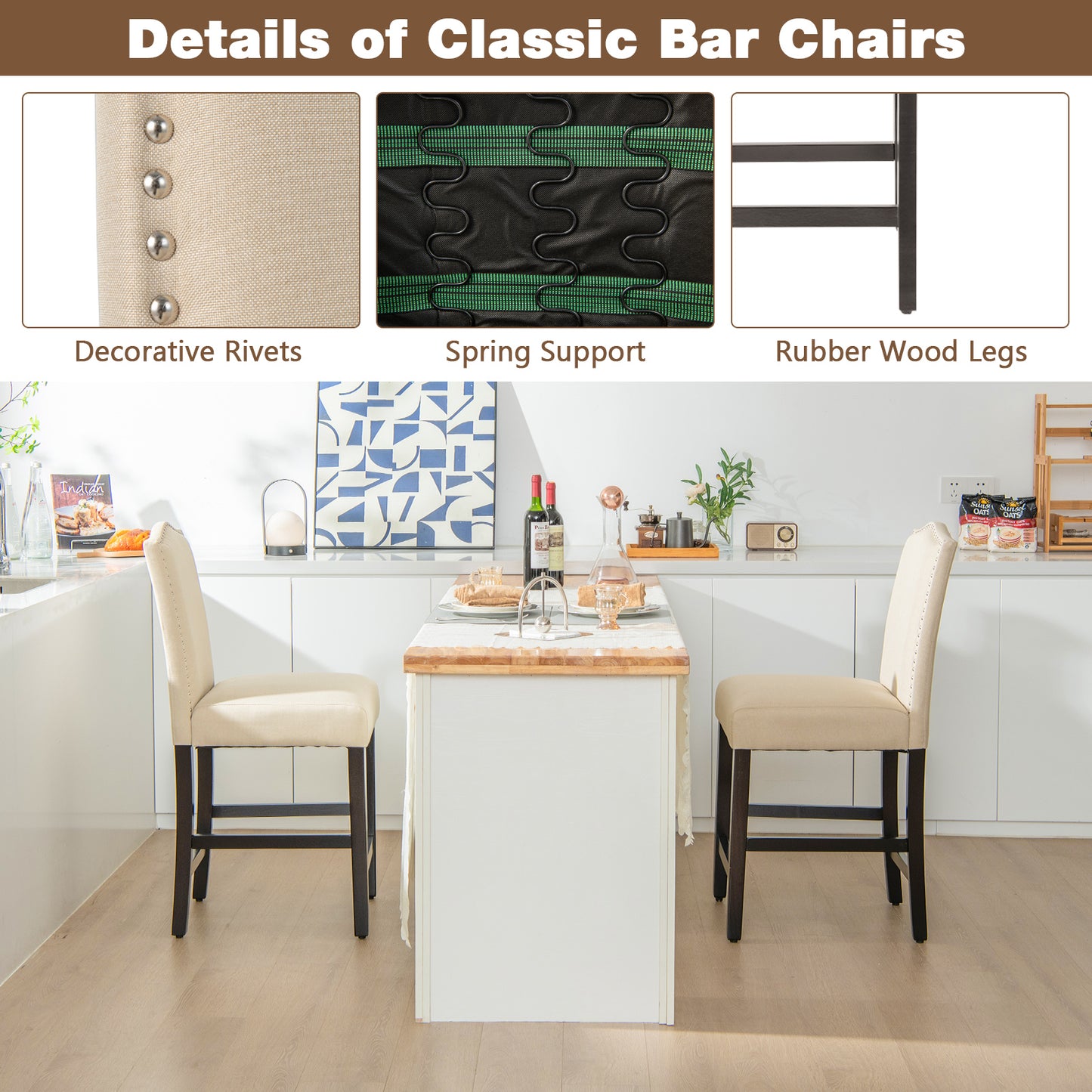 Set of 2 Upholstered Fabric Counter Height Dining Chairs with Nailhead Trim in Beige