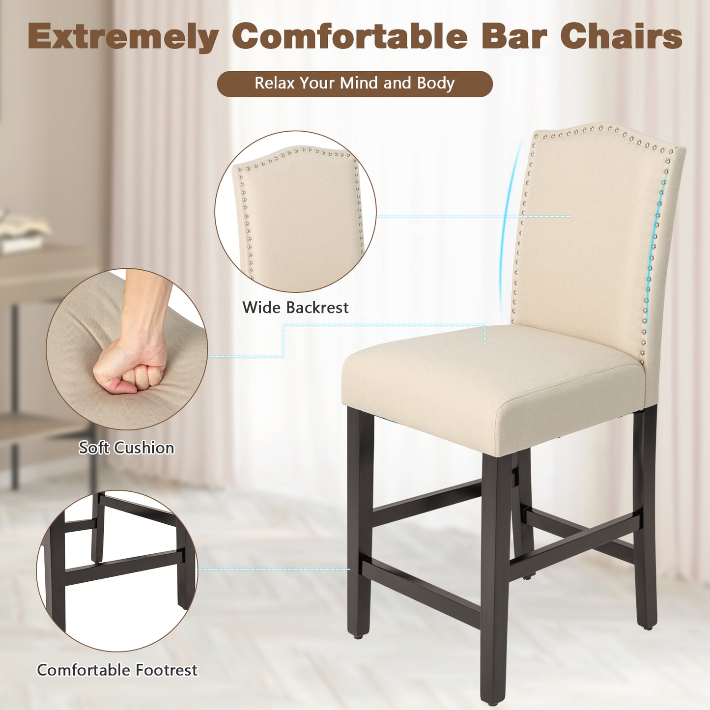 Set of 2 Upholstered Fabric Counter Height Dining Chairs with Nailhead Trim in Beige