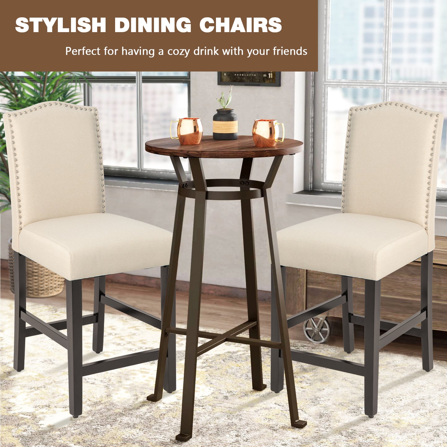 Set of 2 Upholstered Fabric Counter Height Dining Chairs with Nailhead Trim in Beige