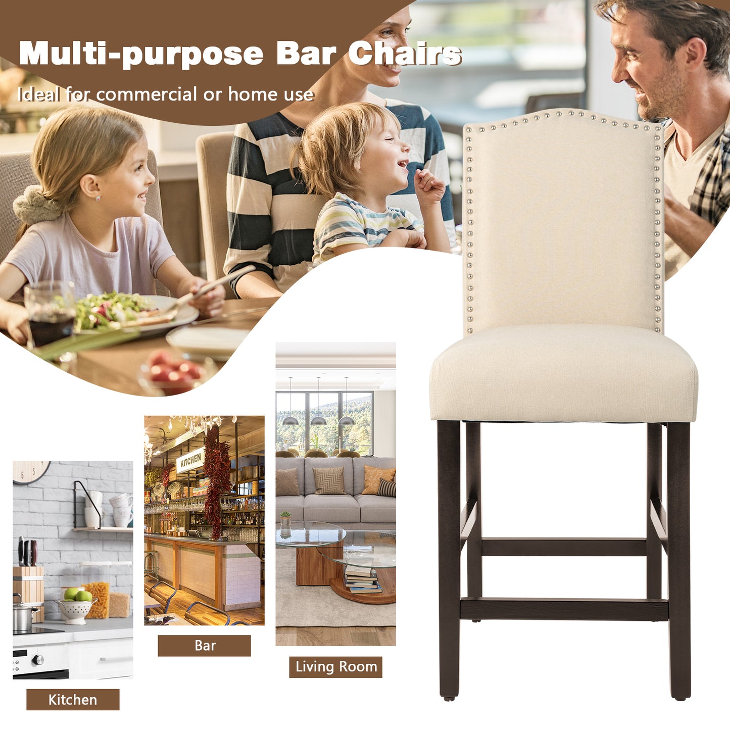 Set of 2 Upholstered Fabric Counter Height Dining Chairs with Nailhead Trim in Beige