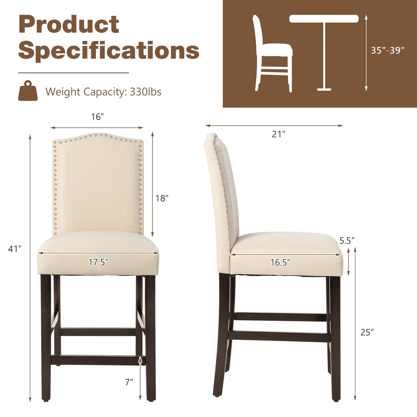 Set of 2 Upholstered Fabric Counter Height Dining Chairs with Nailhead Trim in Beige