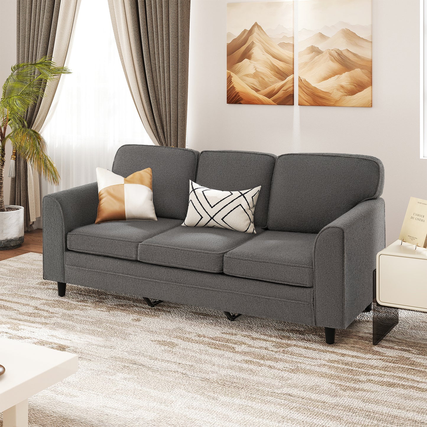 Modern 3-Seat Sofa with Supportive Back Pillows and Teddy Velvet Upholstery in Grey
