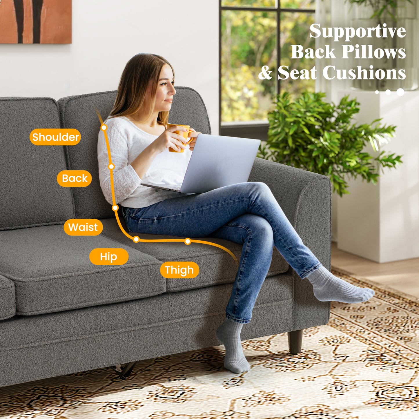 Modern 3-Seat Sofa with Supportive Back Pillows and Teddy Velvet Upholstery in Grey