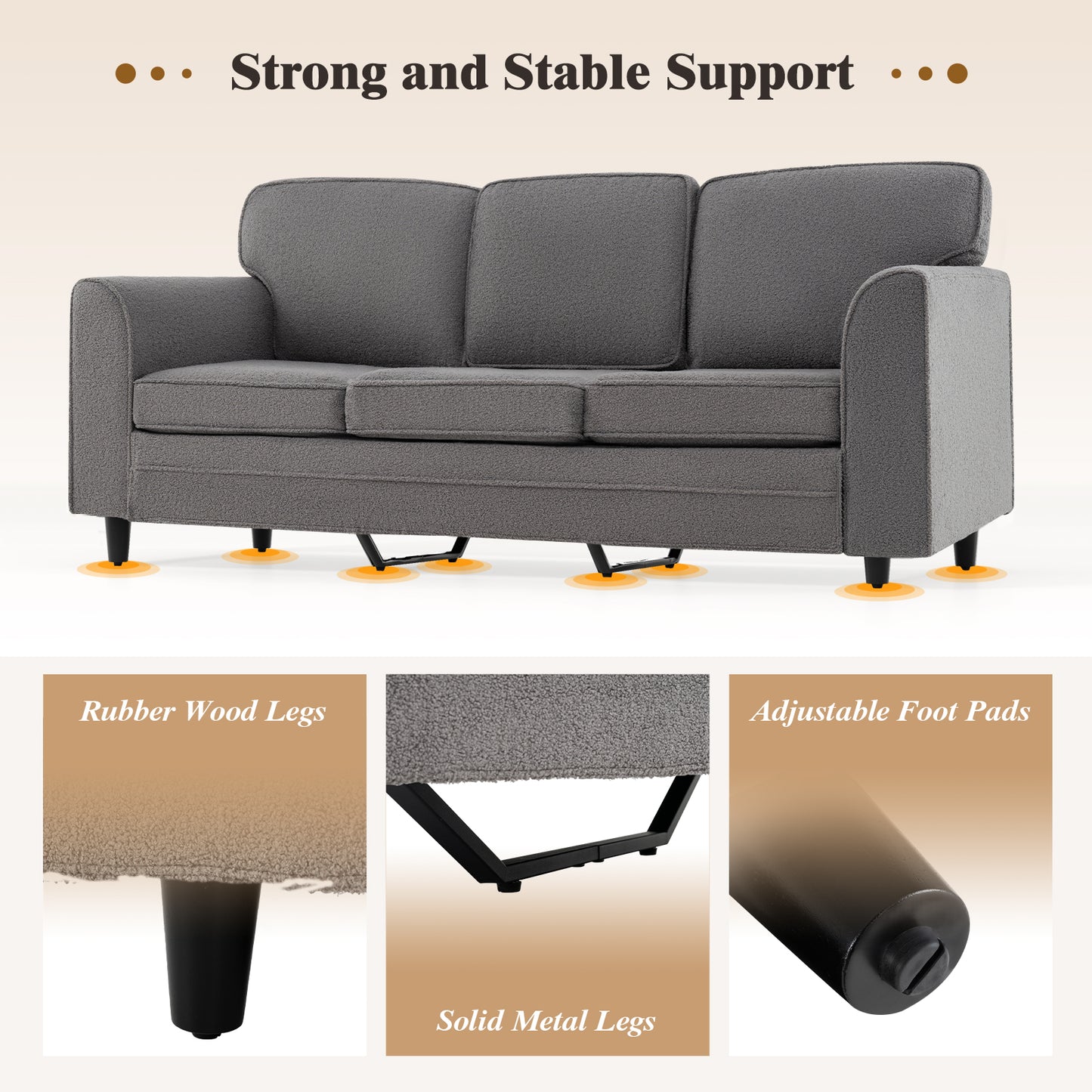 Modern 3-Seat Sofa with Supportive Back Pillows and Teddy Velvet Upholstery in Grey