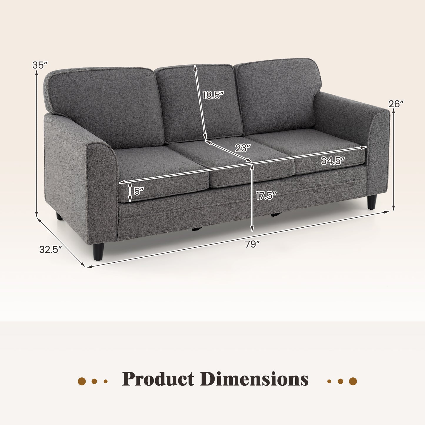Modern 3-Seat Sofa with Supportive Back Pillows and Teddy Velvet Upholstery in Grey
