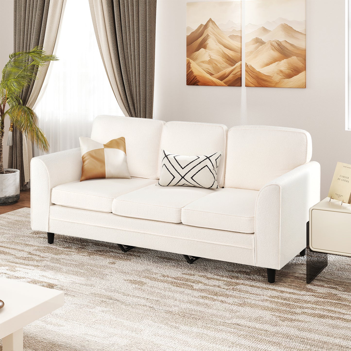 Modern 3-Seat Sofa with Supportive Back Pillows and Teddy Velvet Upholstery in White