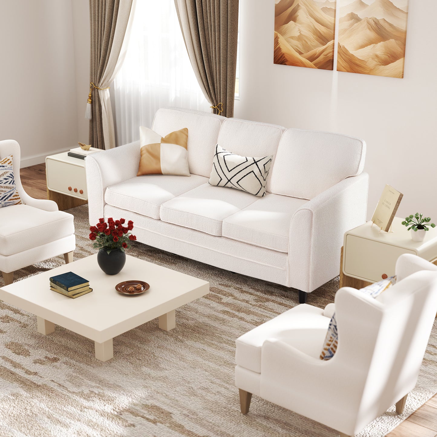 Modern 3-Seat Sofa with Supportive Back Pillows and Teddy Velvet Upholstery in White