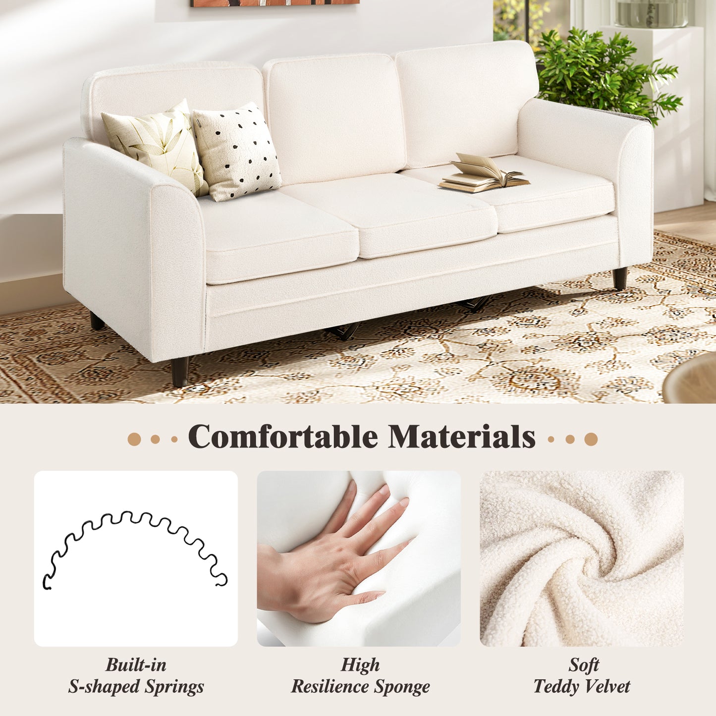 Modern 3-Seat Sofa with Supportive Back Pillows and Teddy Velvet Upholstery in White