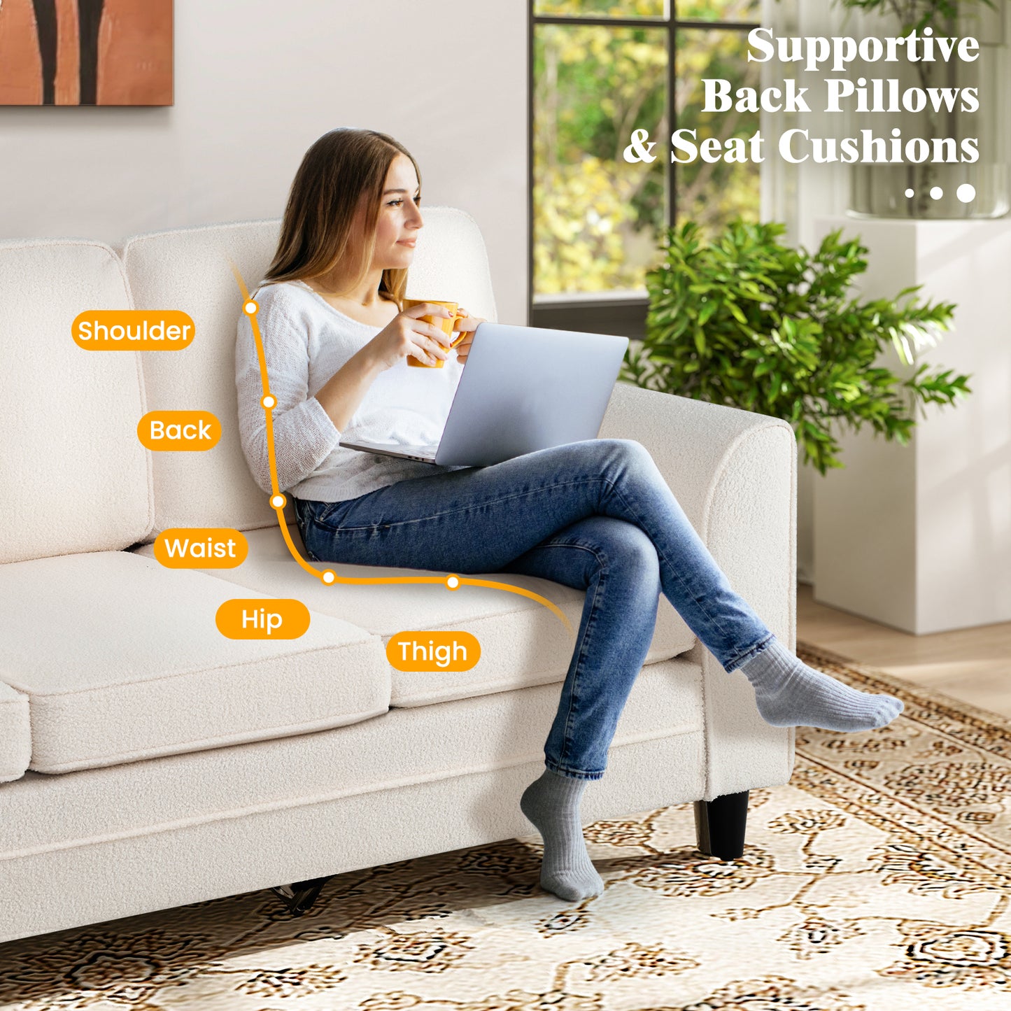 Modern 3-Seat Sofa with Supportive Back Pillows and Teddy Velvet Upholstery in White