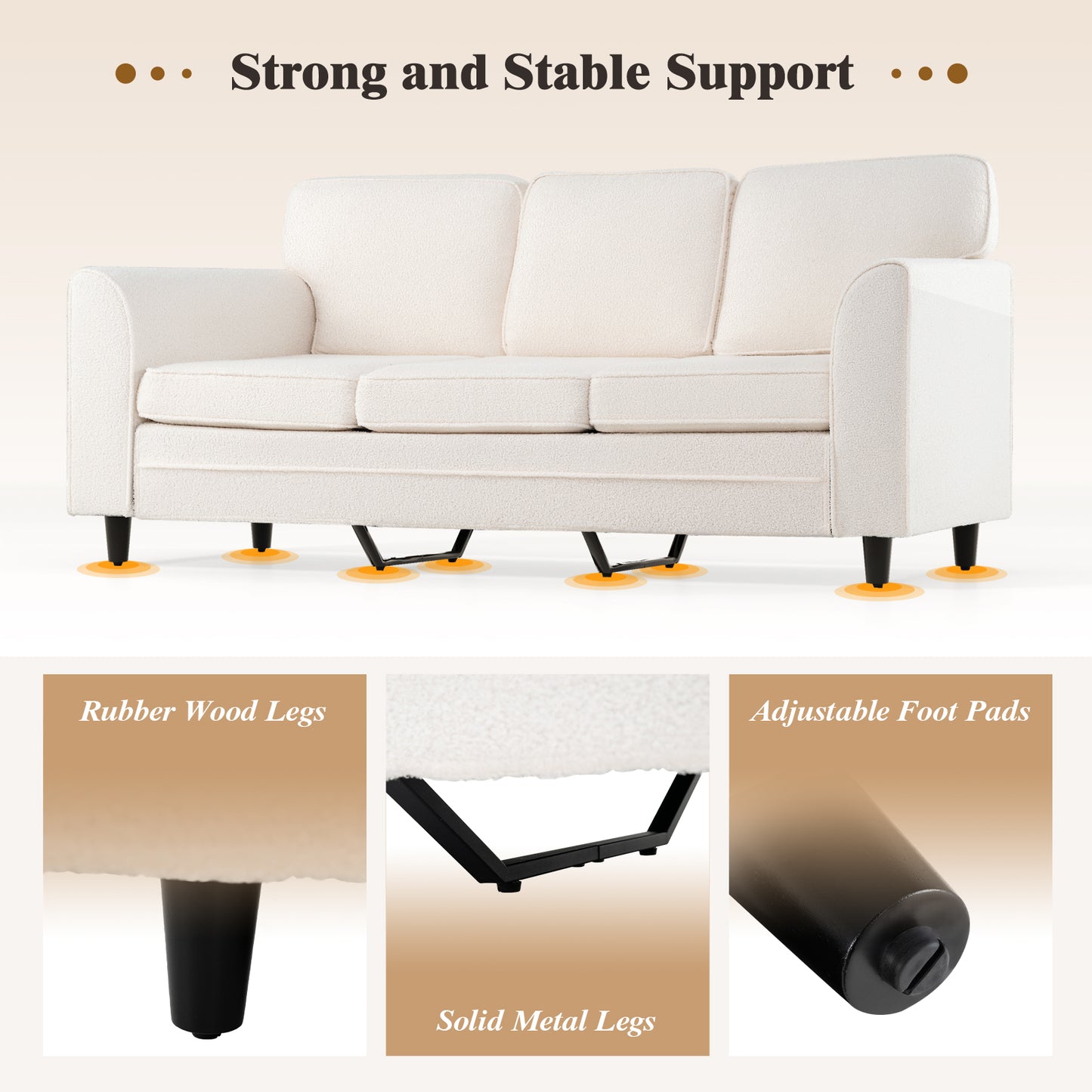 Modern 3-Seat Sofa with Supportive Back Pillows and Teddy Velvet Upholstery in White