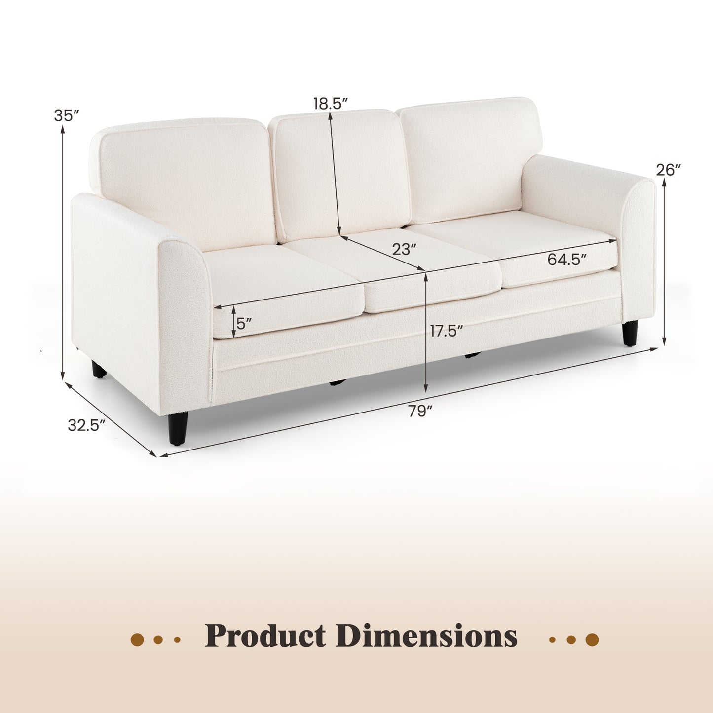 Modern 3-Seat Sofa with Supportive Back Pillows and Teddy Velvet Upholstery in White