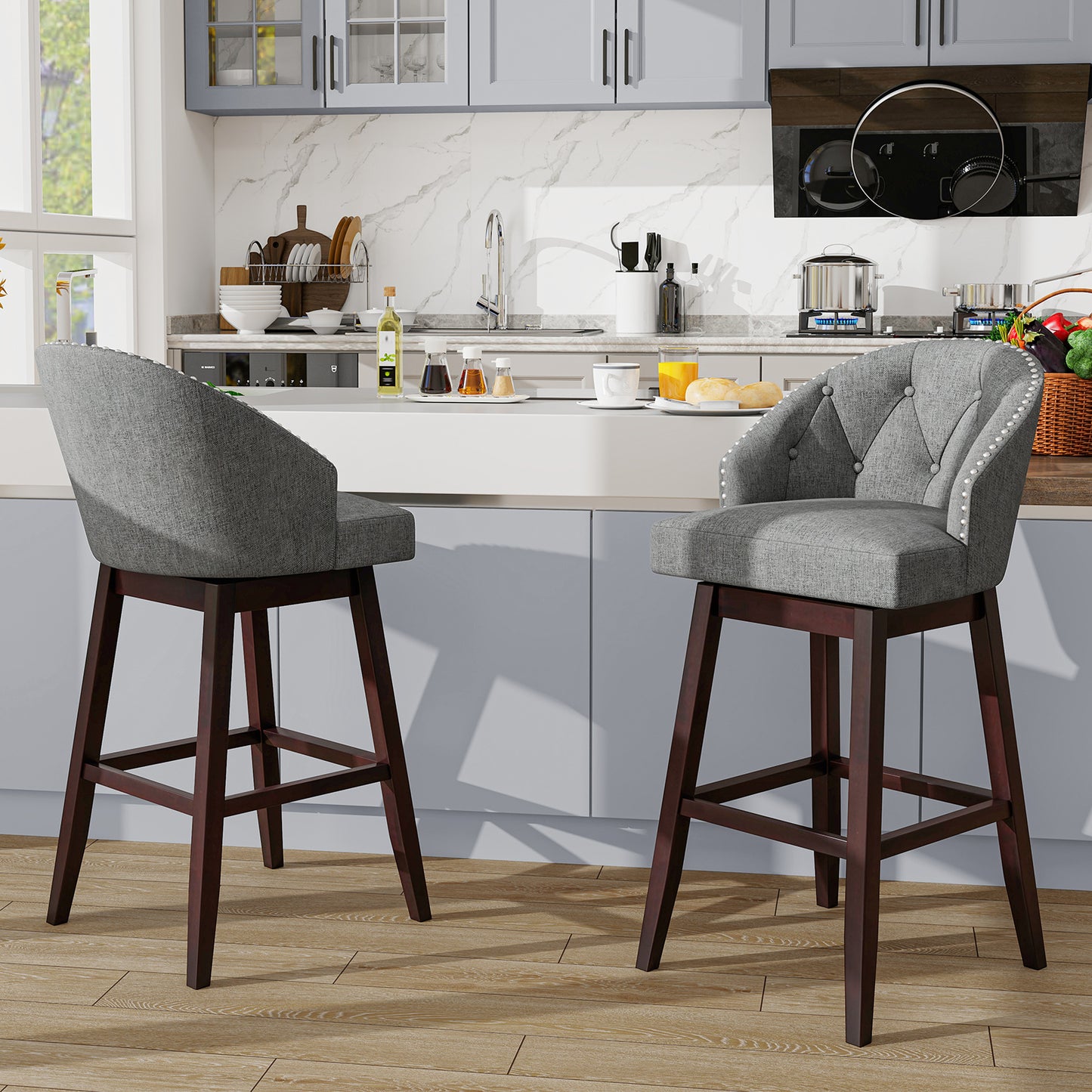 Set of 2 Swivel Bar Stools with Tufted Backrest and Rubber Wood Legs for Kitchen or Pub - Grey
