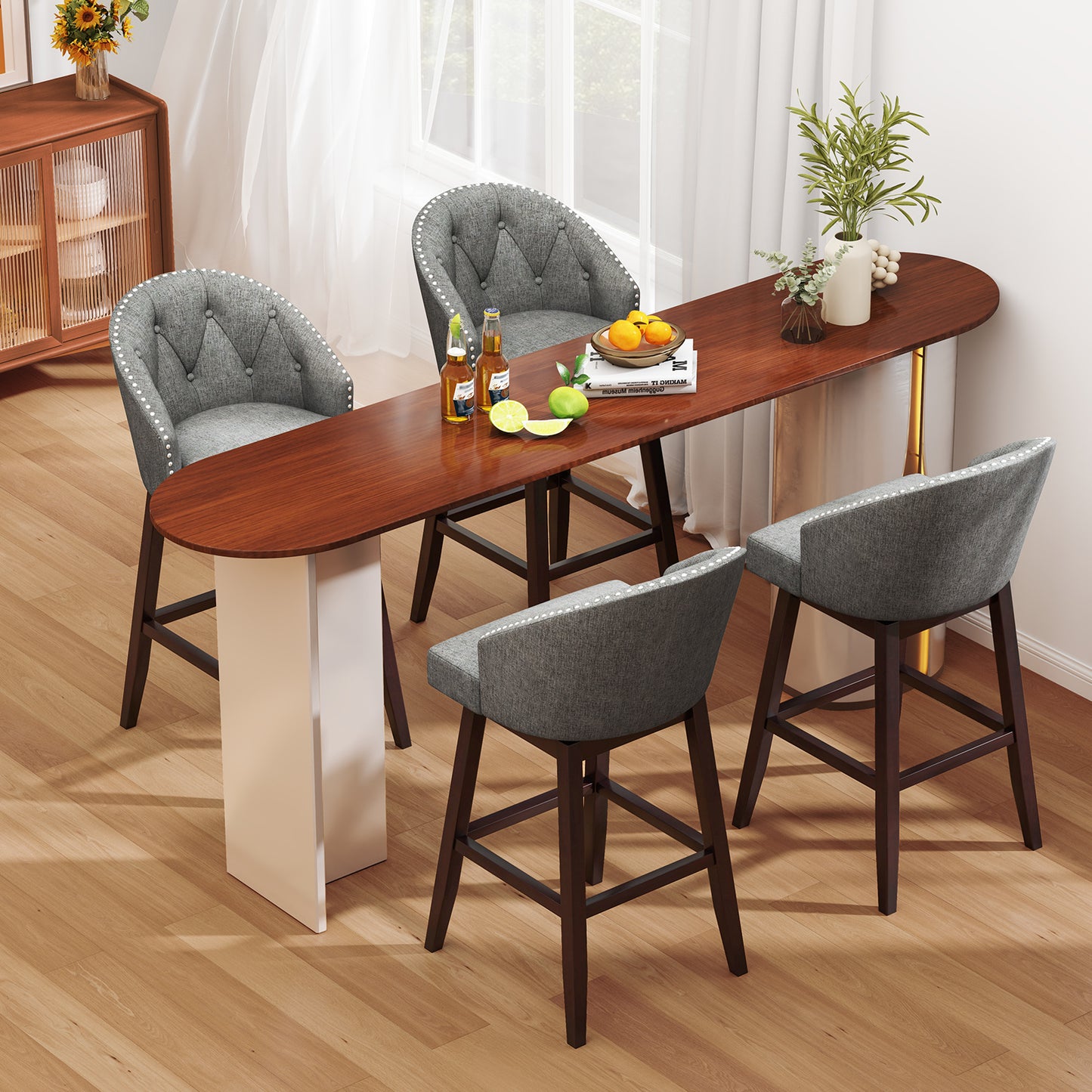 Set of 2 Swivel Bar Stools with Tufted Backrest and Rubber Wood Legs for Kitchen or Pub - Grey