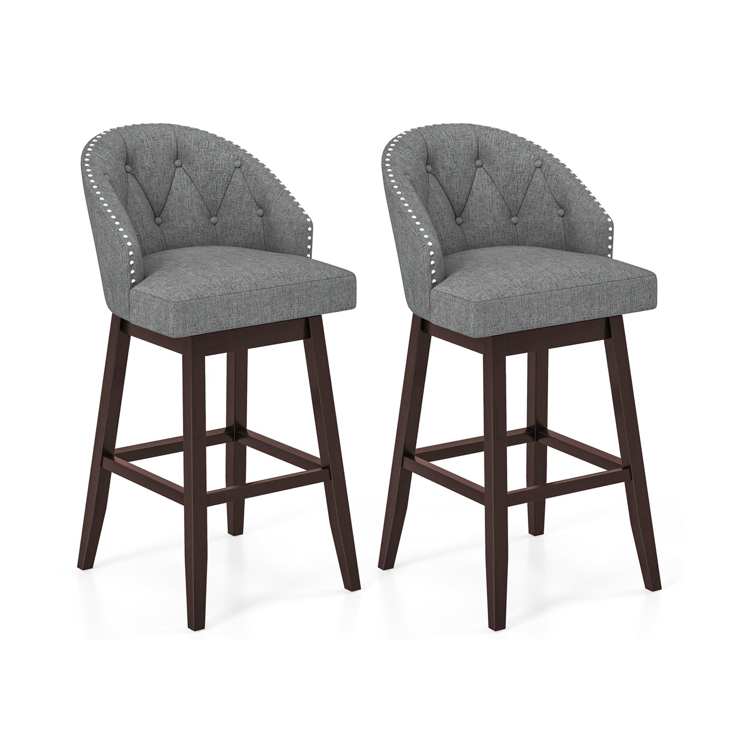 Set of 2 Swivel Bar Stools with Tufted Backrest and Rubber Wood Legs for Kitchen or Pub - Grey