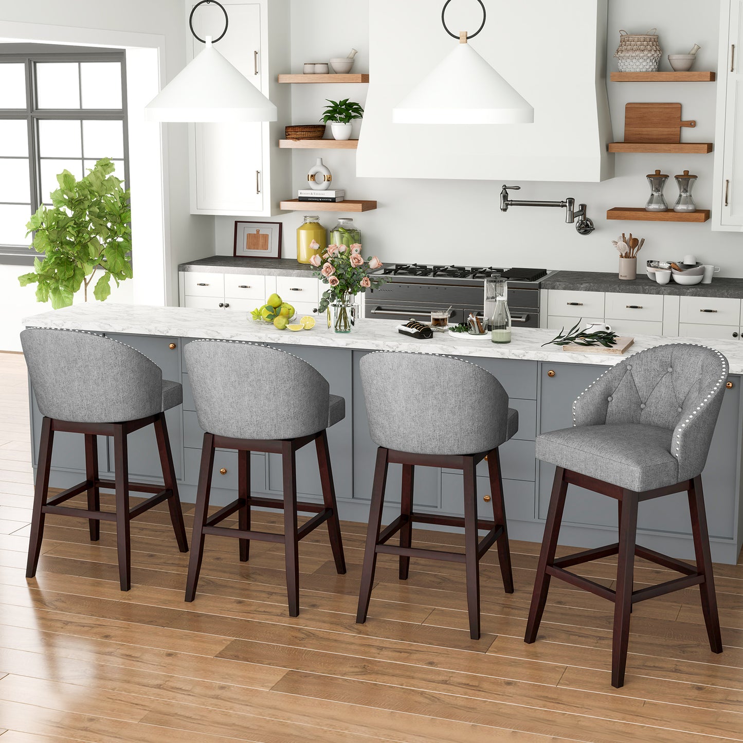 Set of 2 Swivel Bar Stools with Tufted Backrest and Rubber Wood Legs for Kitchen or Pub - Grey