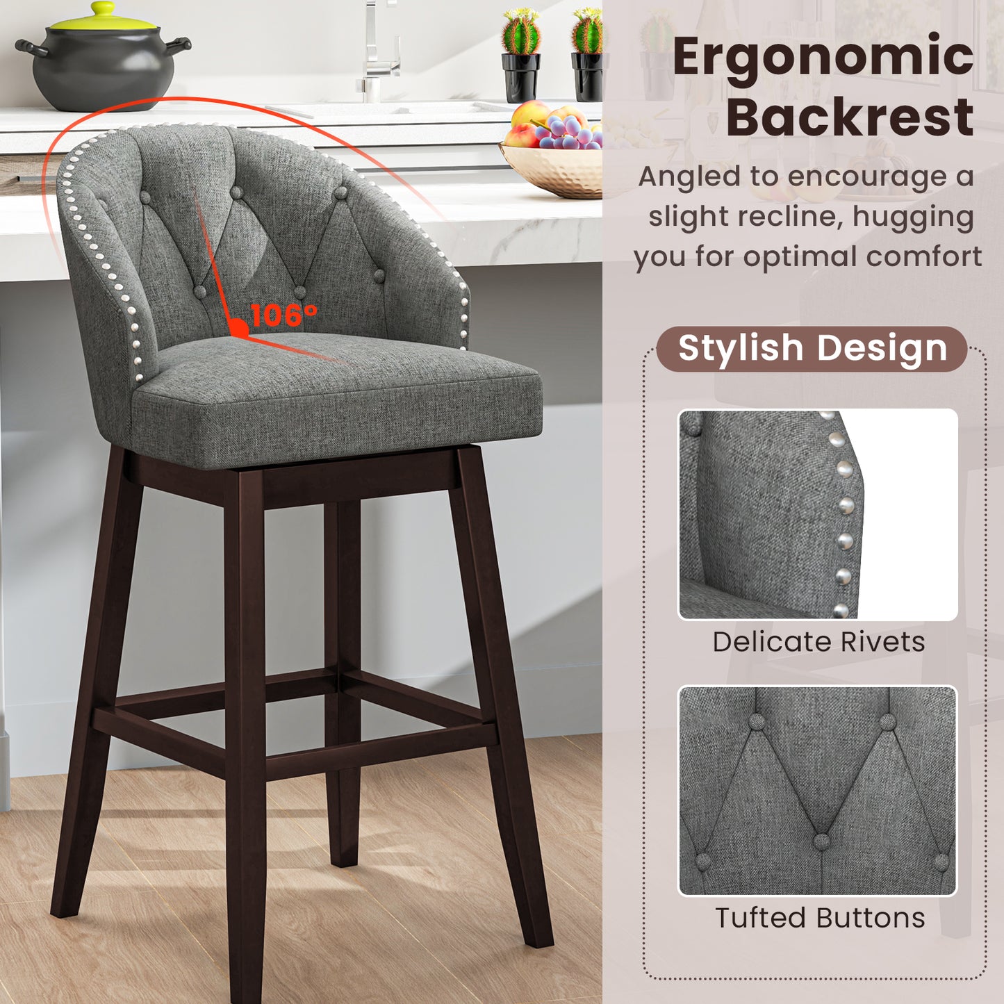 Set of 2 Swivel Bar Stools with Tufted Backrest and Rubber Wood Legs for Kitchen or Pub - Grey