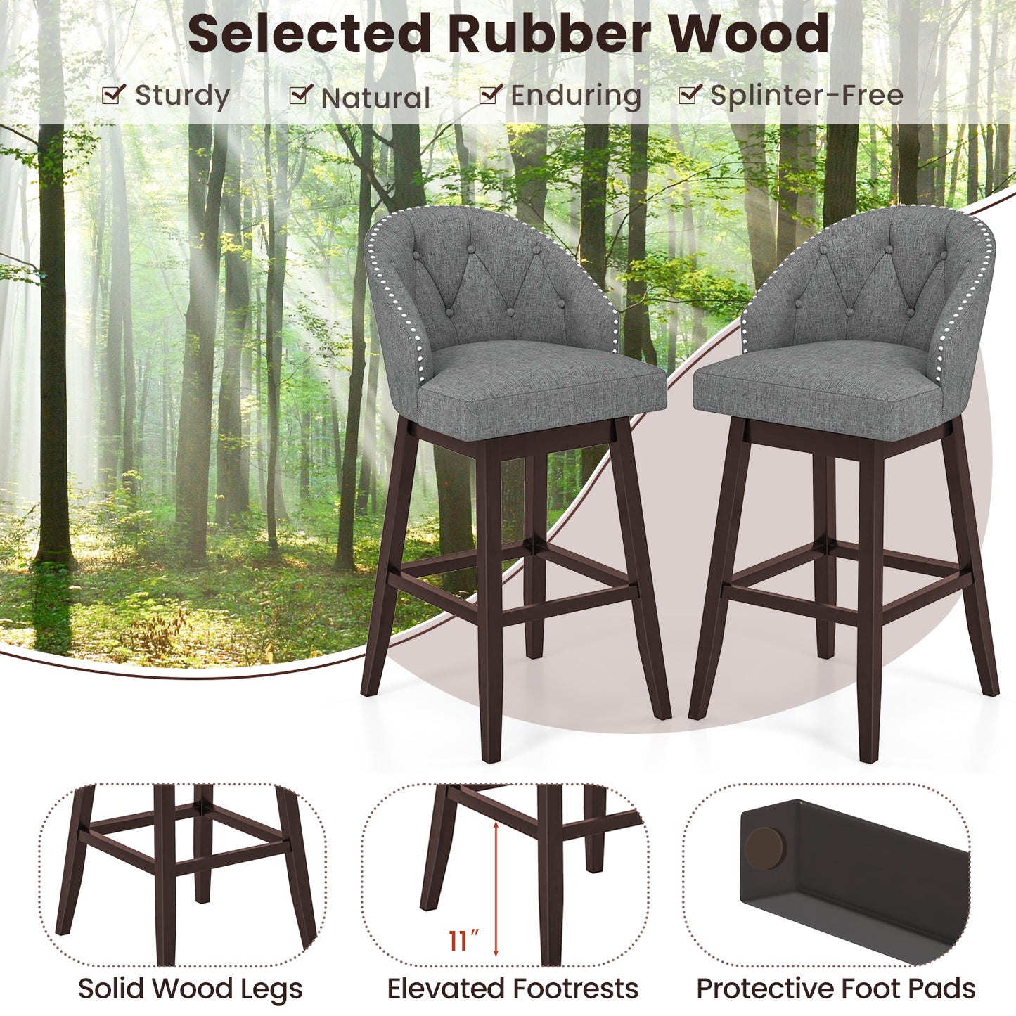 Set of 2 Swivel Bar Stools with Tufted Backrest and Rubber Wood Legs for Kitchen or Pub - Grey