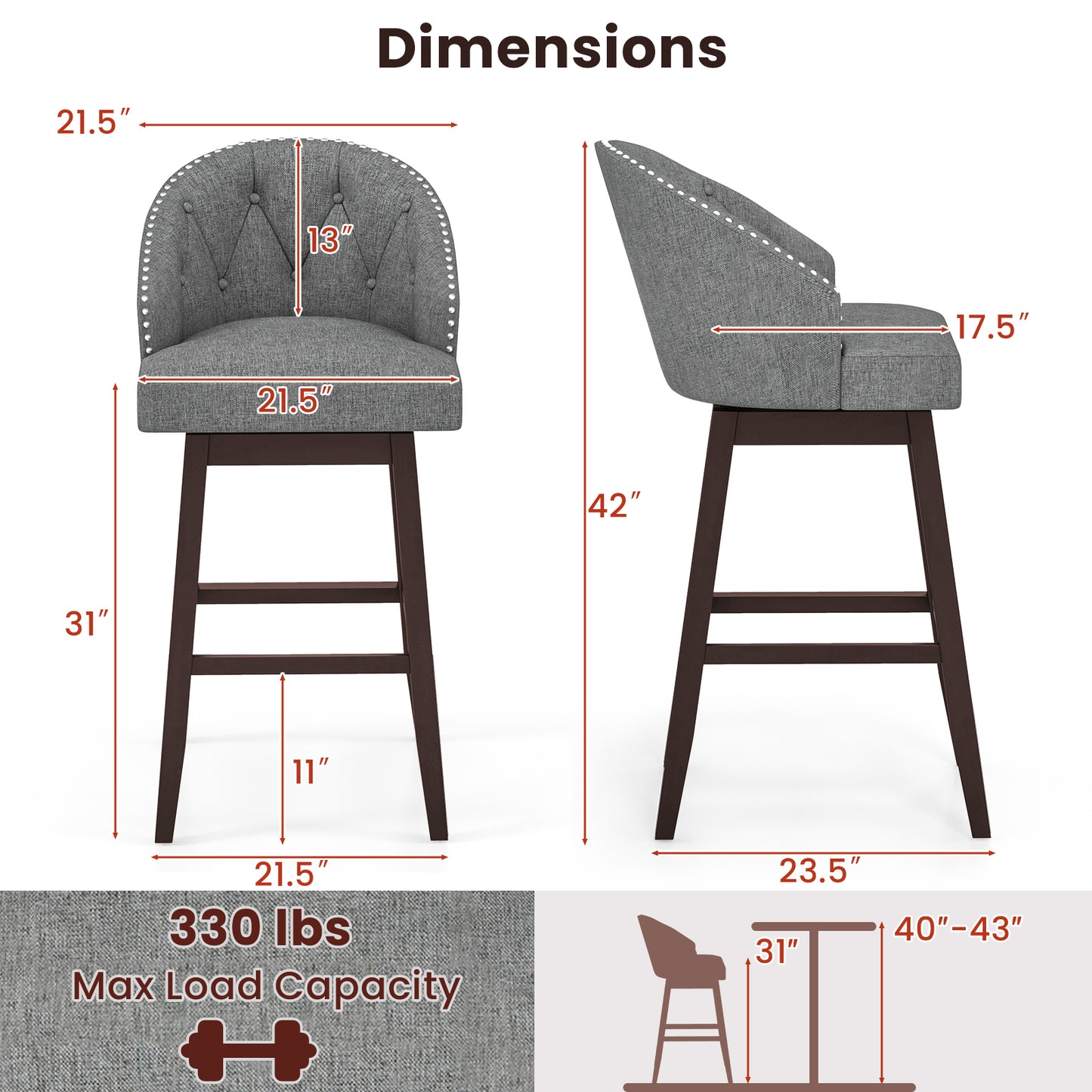Set of 2 Swivel Bar Stools with Tufted Backrest and Rubber Wood Legs for Kitchen or Pub - Grey
