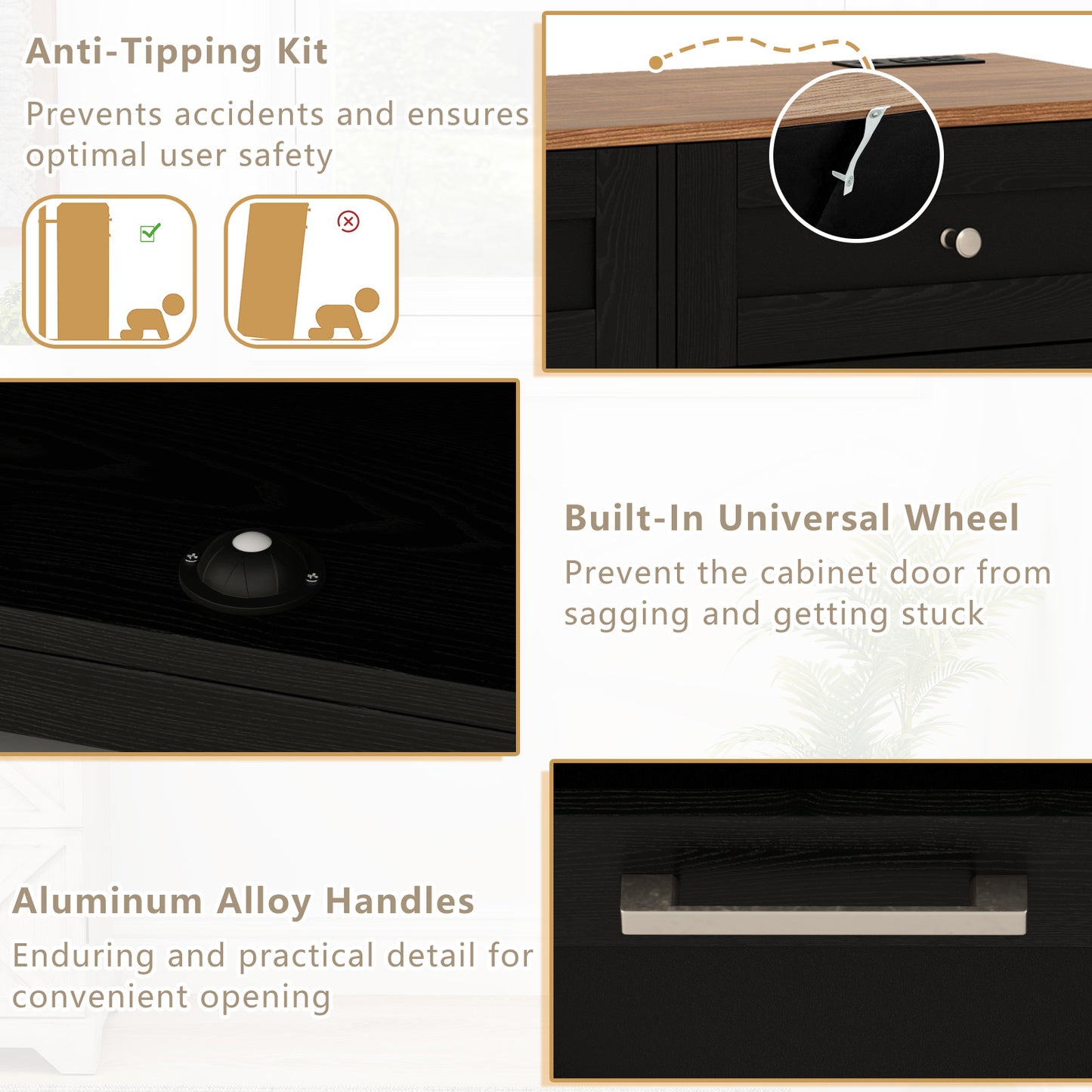 Modern Tilt-Out Trash Can Cabinet with Built-In Power Outlets and Adjustable Shelves - Black