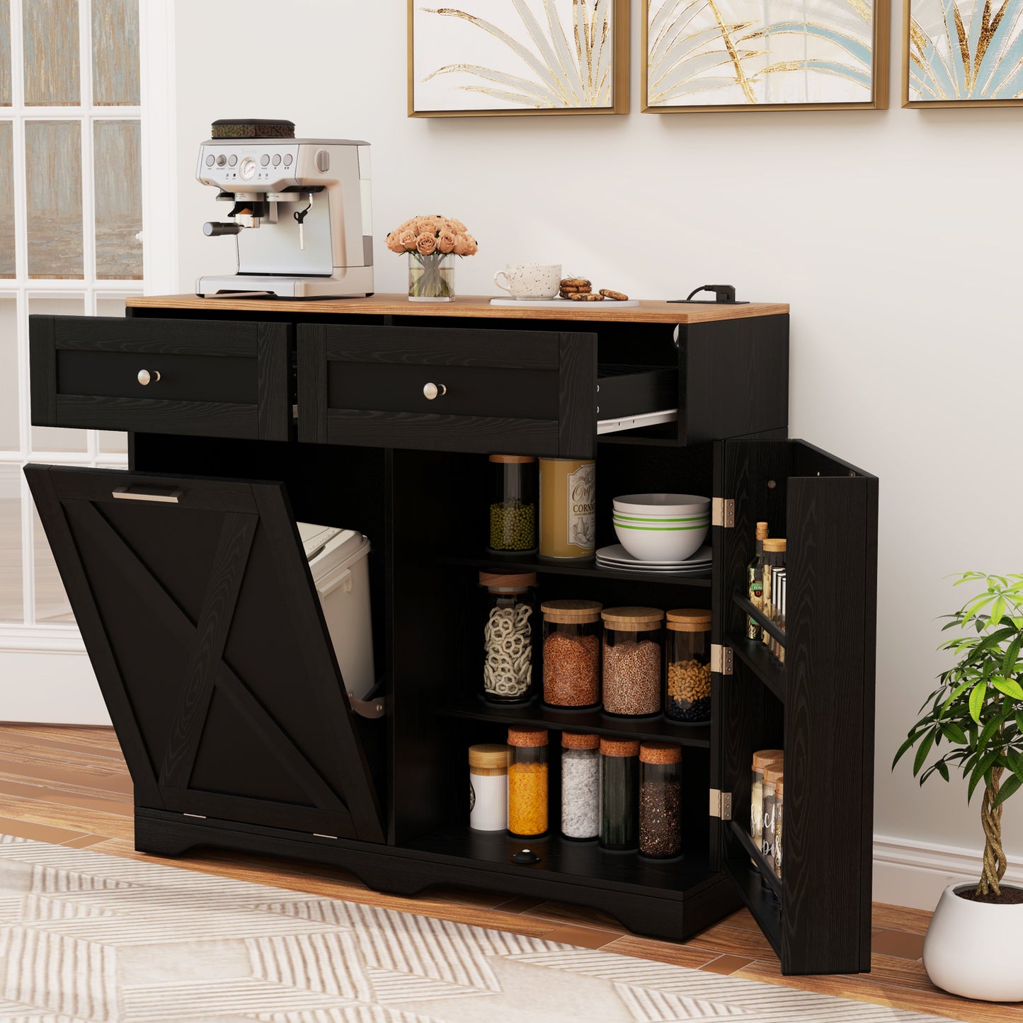 Modern Tilt-Out Trash Can Cabinet with Built-In Power Outlets and Adjustable Shelves - Black
