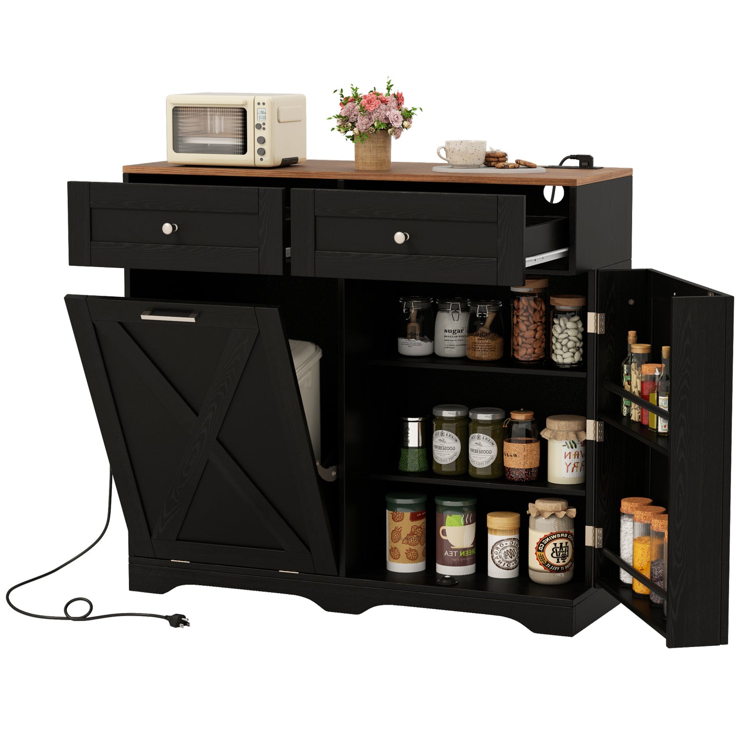 Modern Tilt-Out Trash Can Cabinet with Built-In Power Outlets and Adjustable Shelves - Black