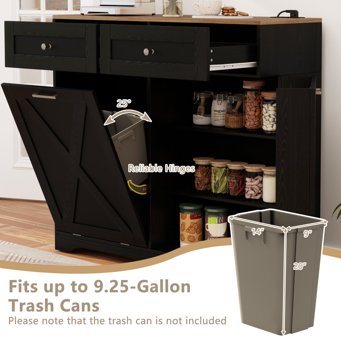 Modern Tilt-Out Trash Can Cabinet with Built-In Power Outlets and Adjustable Shelves - Black