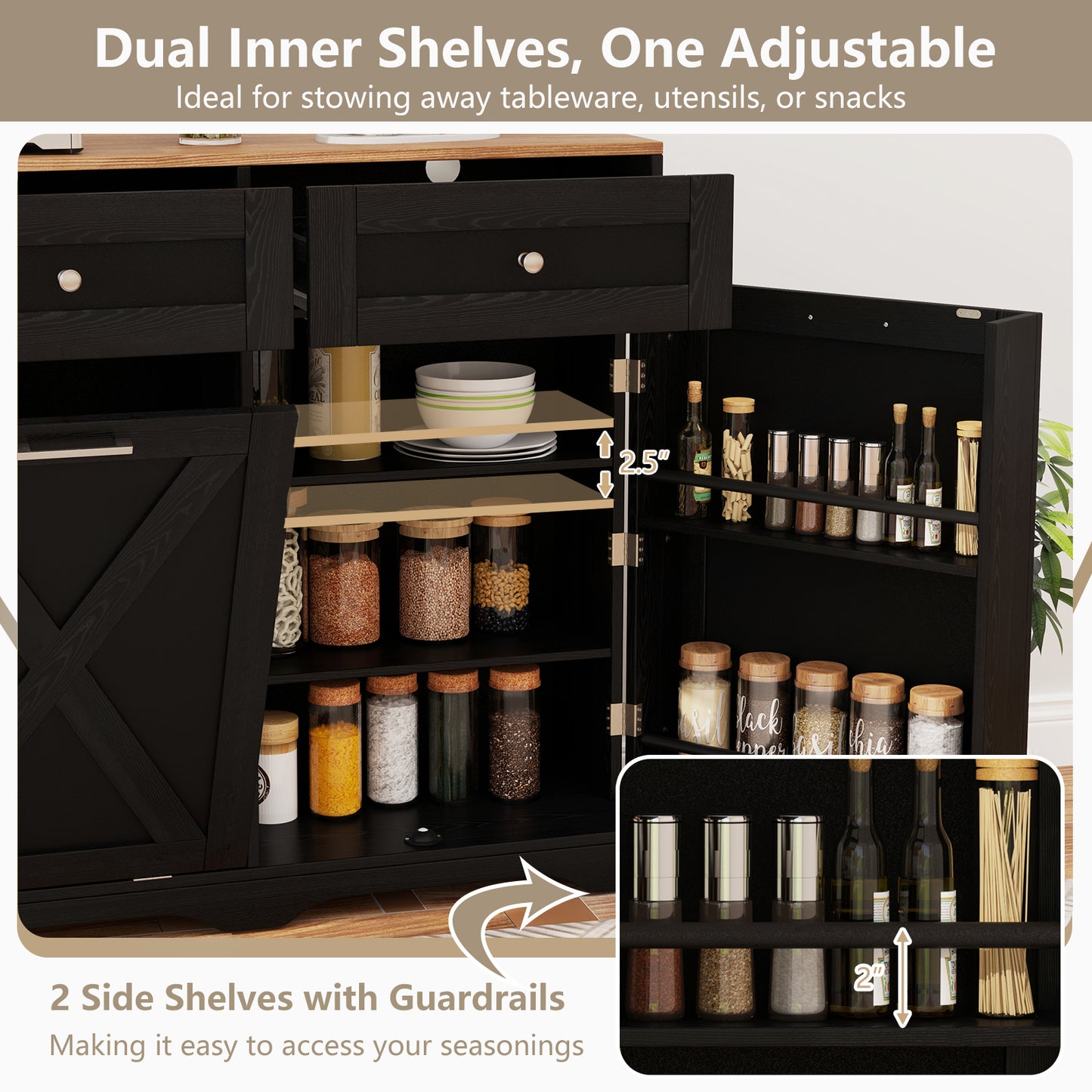 Modern Tilt-Out Trash Can Cabinet with Built-In Power Outlets and Adjustable Shelves - Black