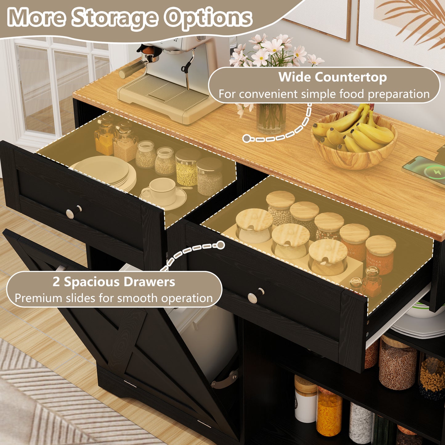 Modern Tilt-Out Trash Can Cabinet with Built-In Power Outlets and Adjustable Shelves - Black