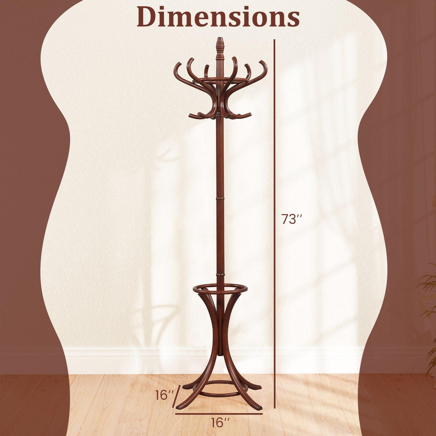 Wooden Standing Coat Rack with 12 Hooks and Umbrella Stand in Brown