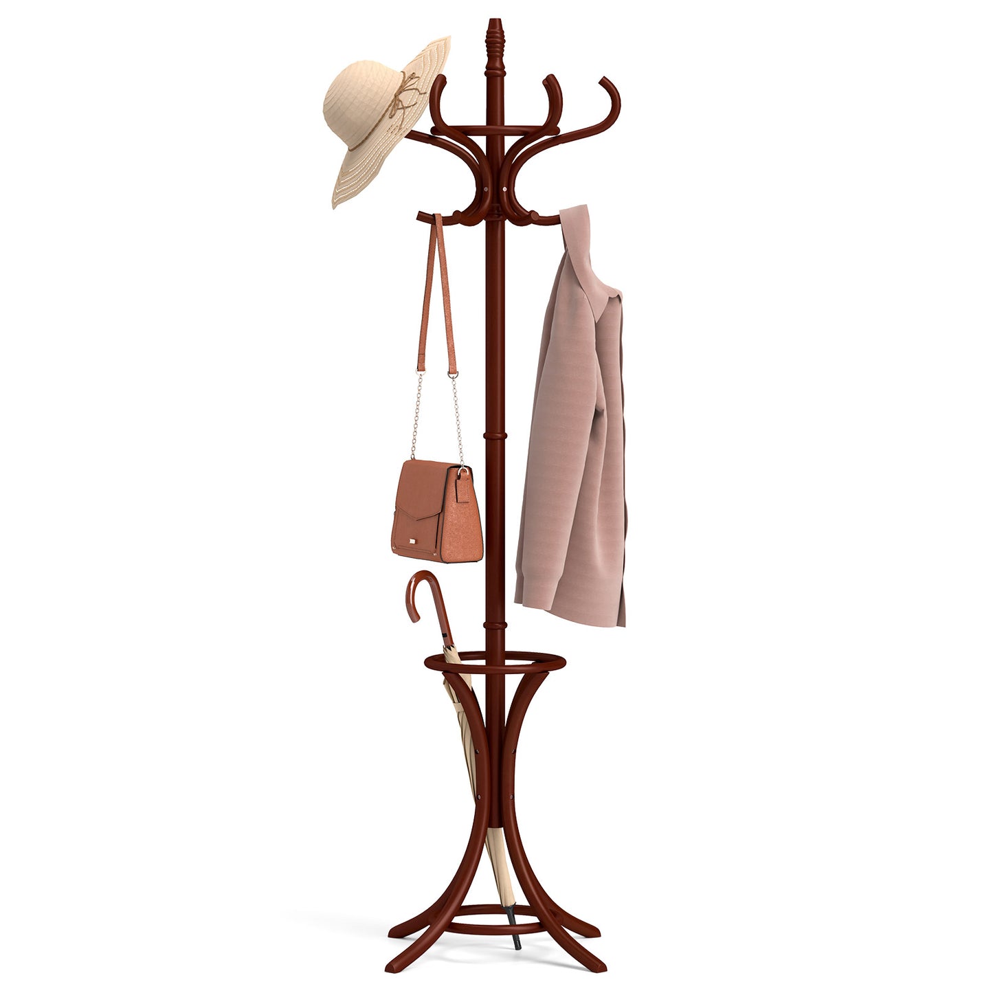 Wooden Standing Coat Rack with 12 Hooks and Umbrella Stand in Brown