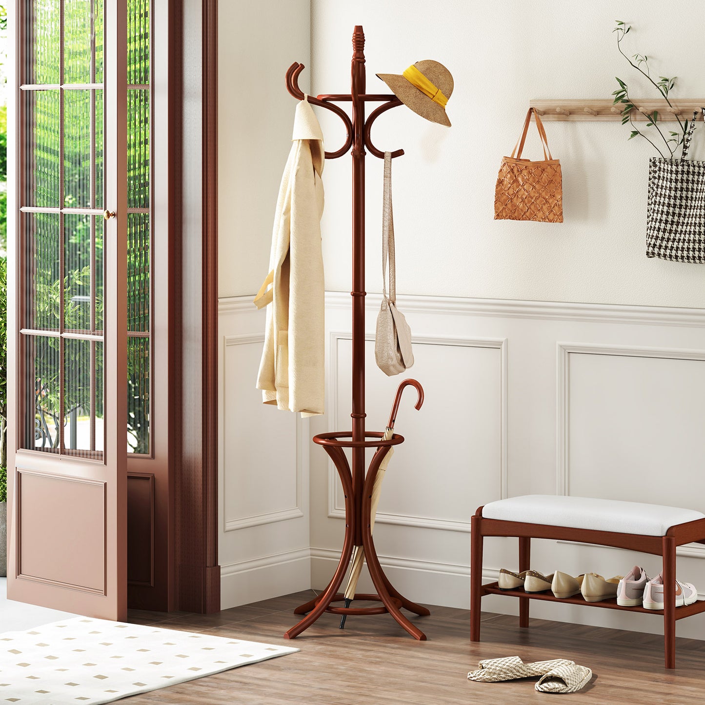 Wooden Standing Coat Rack with 12 Hooks and Umbrella Stand in Brown