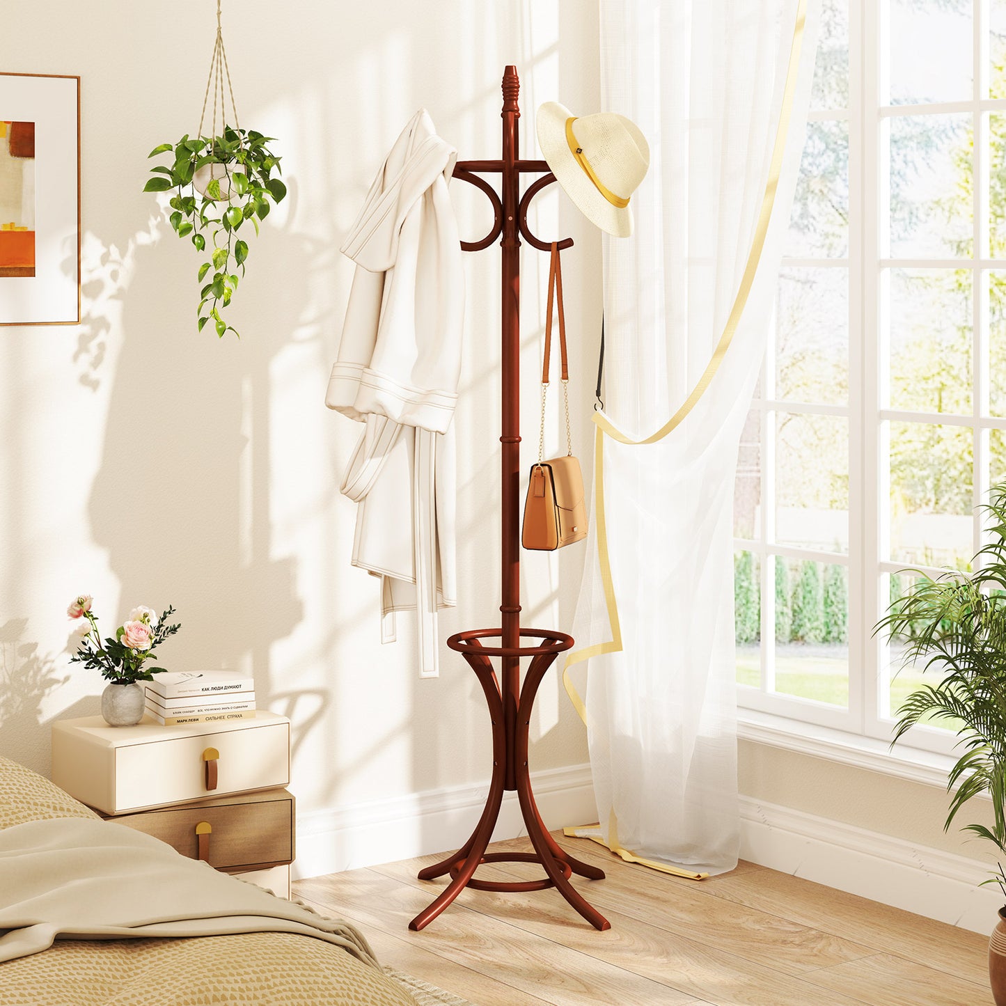 Wooden Standing Coat Rack with 12 Hooks and Umbrella Stand in Brown
