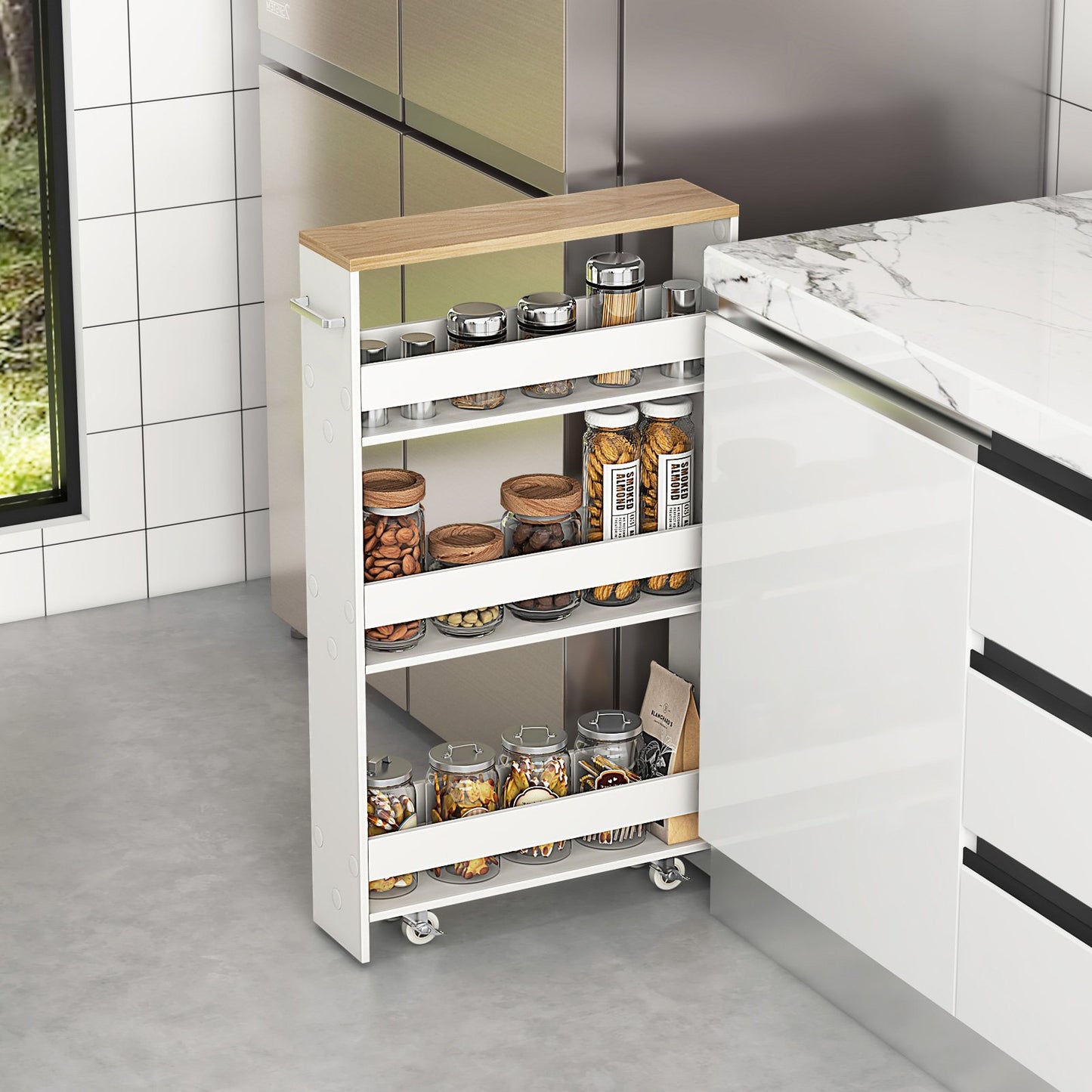 Slim Rolling Kitchen Storage Cart with Mobile Shelves and Handle - White