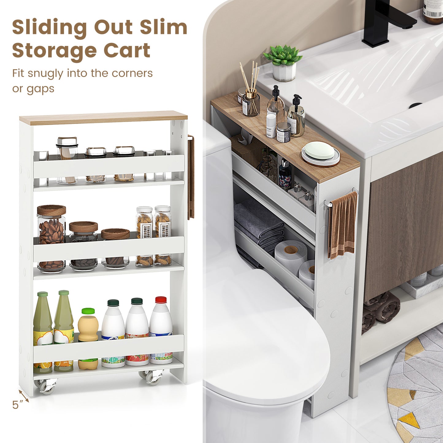Slim Rolling Kitchen Storage Cart with Mobile Shelves and Handle - White