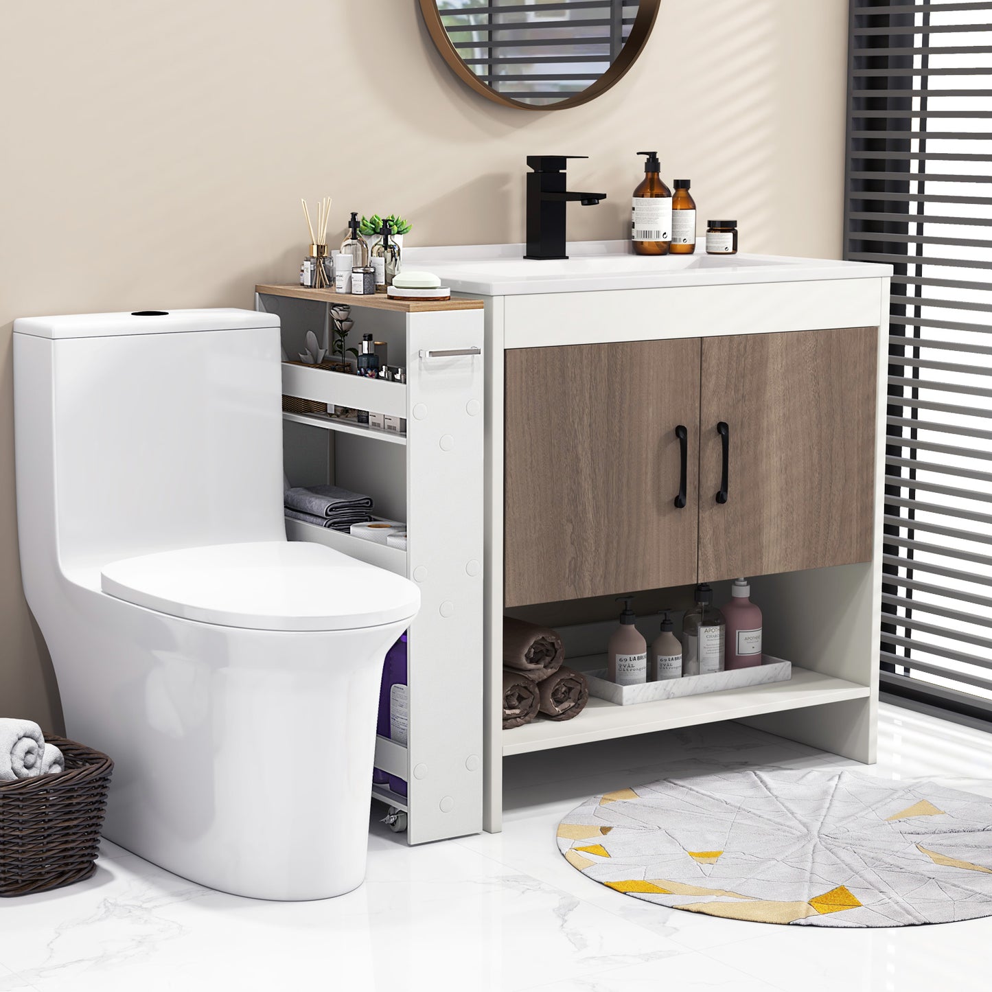 Slim Rolling Kitchen Storage Cart with Mobile Shelves and Handle - White