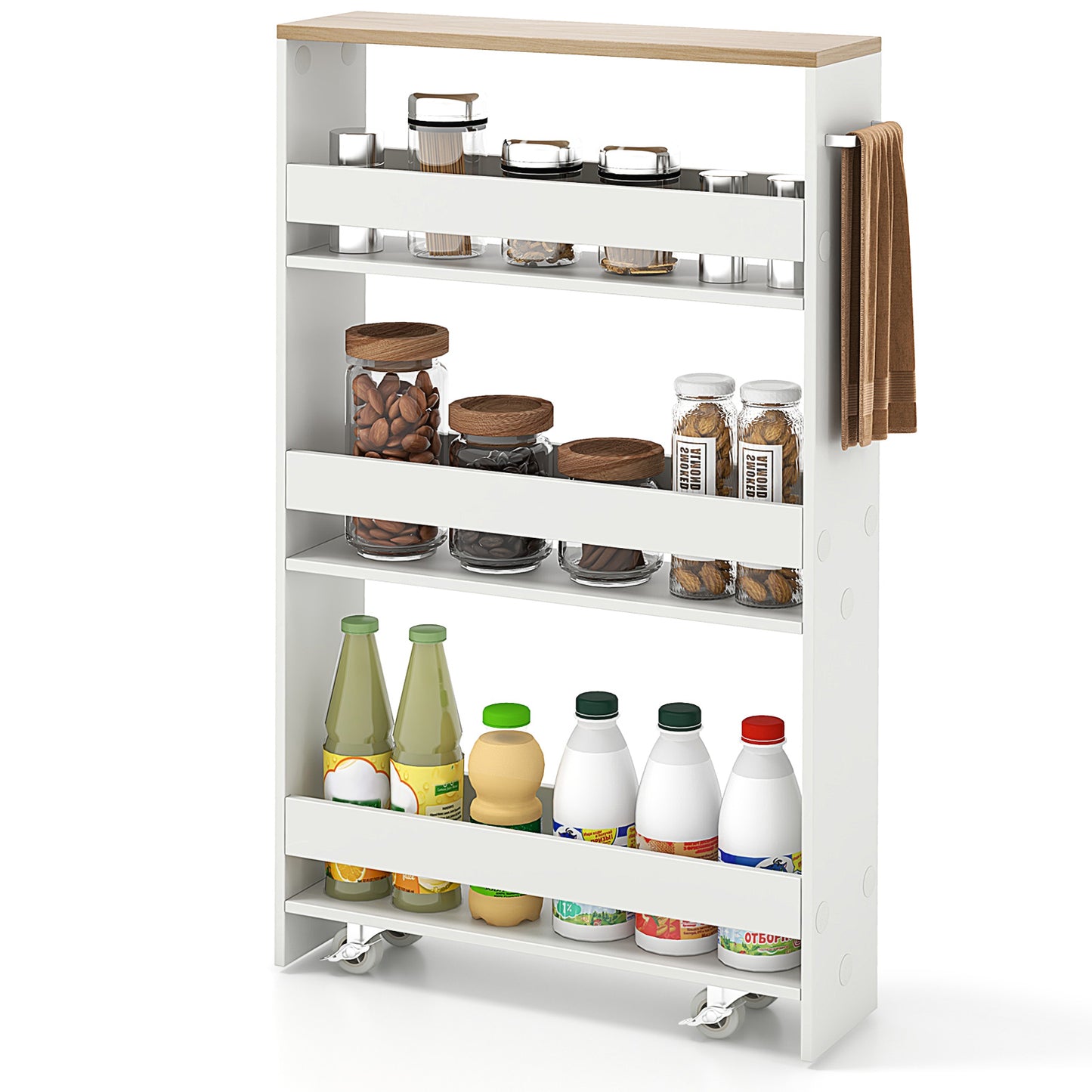 Slim Rolling Kitchen Storage Cart with Mobile Shelves and Handle - White