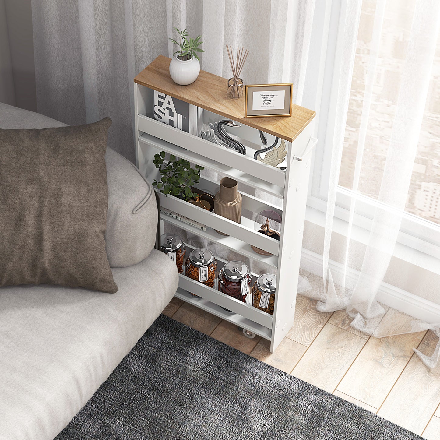 Slim Rolling Kitchen Storage Cart with Mobile Shelves and Handle - White