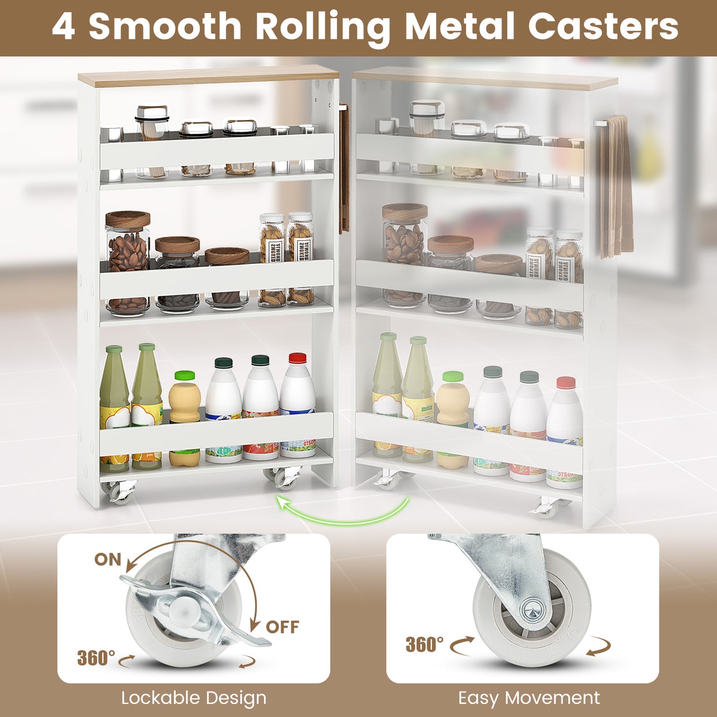 Slim Rolling Kitchen Storage Cart with Mobile Shelves and Handle - White