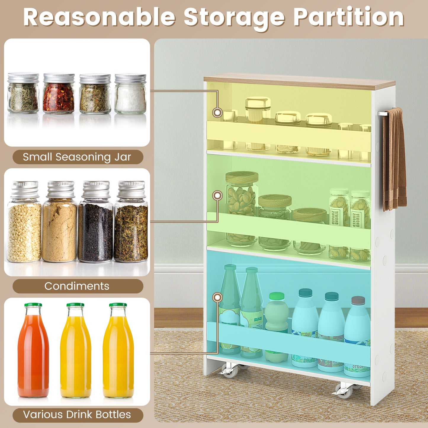Slim Rolling Kitchen Storage Cart with Mobile Shelves and Handle - White