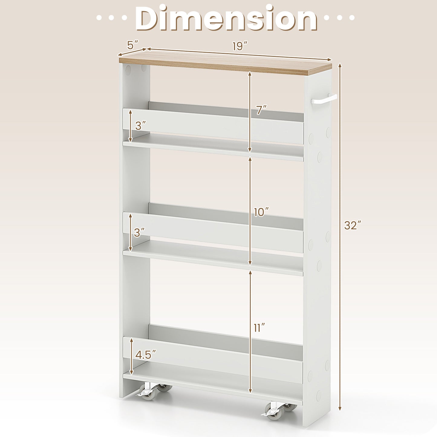 Slim Rolling Kitchen Storage Cart with Mobile Shelves and Handle - White