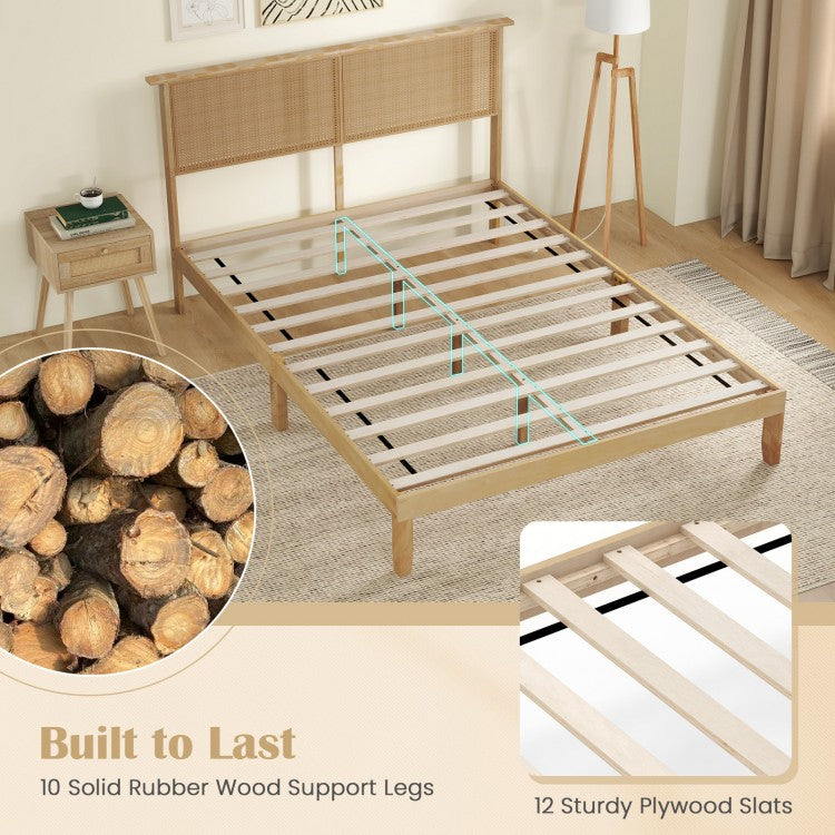 Boho Rattan Headboard Wooden Platform Bed Frame – Queen Size