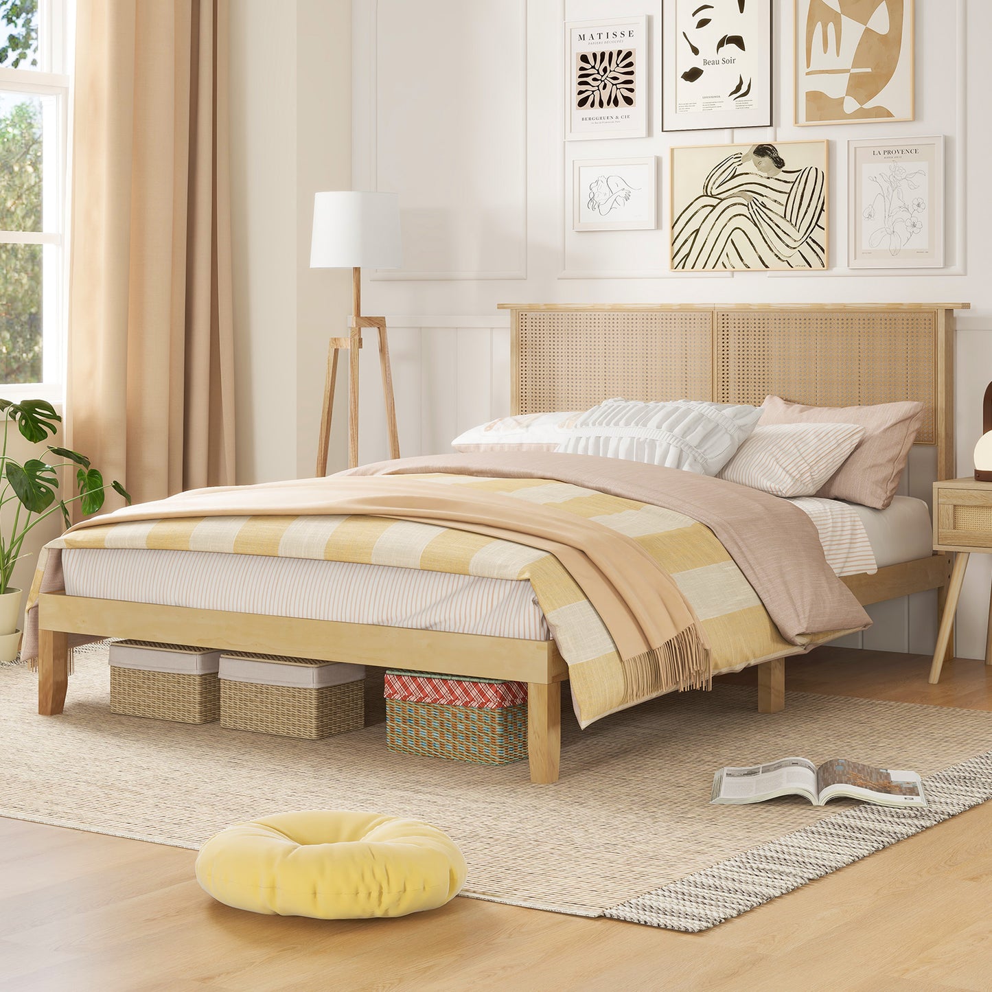 Boho Rattan Headboard Wooden Platform Bed Frame – Queen Size