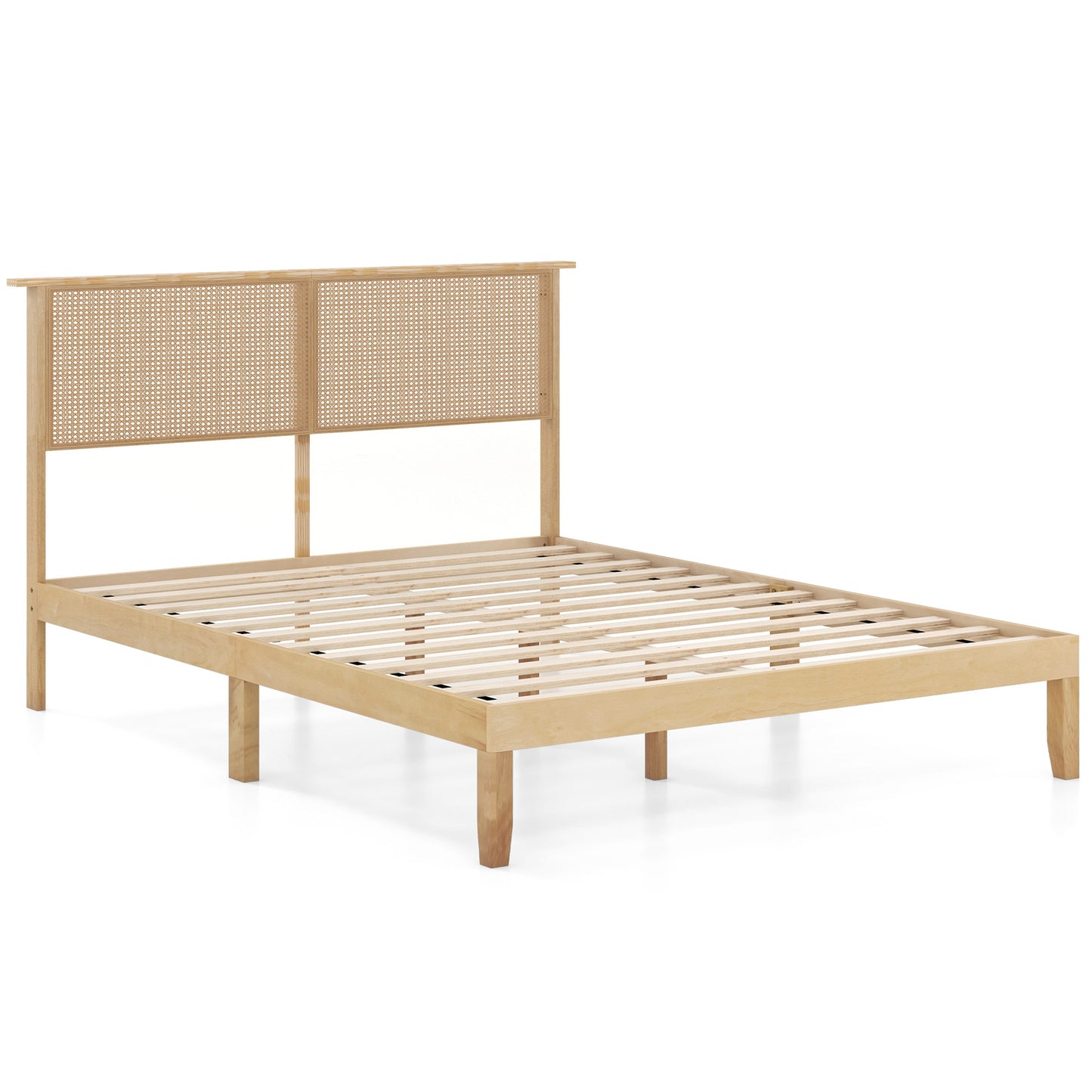 Boho Rattan Headboard Wooden Platform Bed Frame – Queen Size