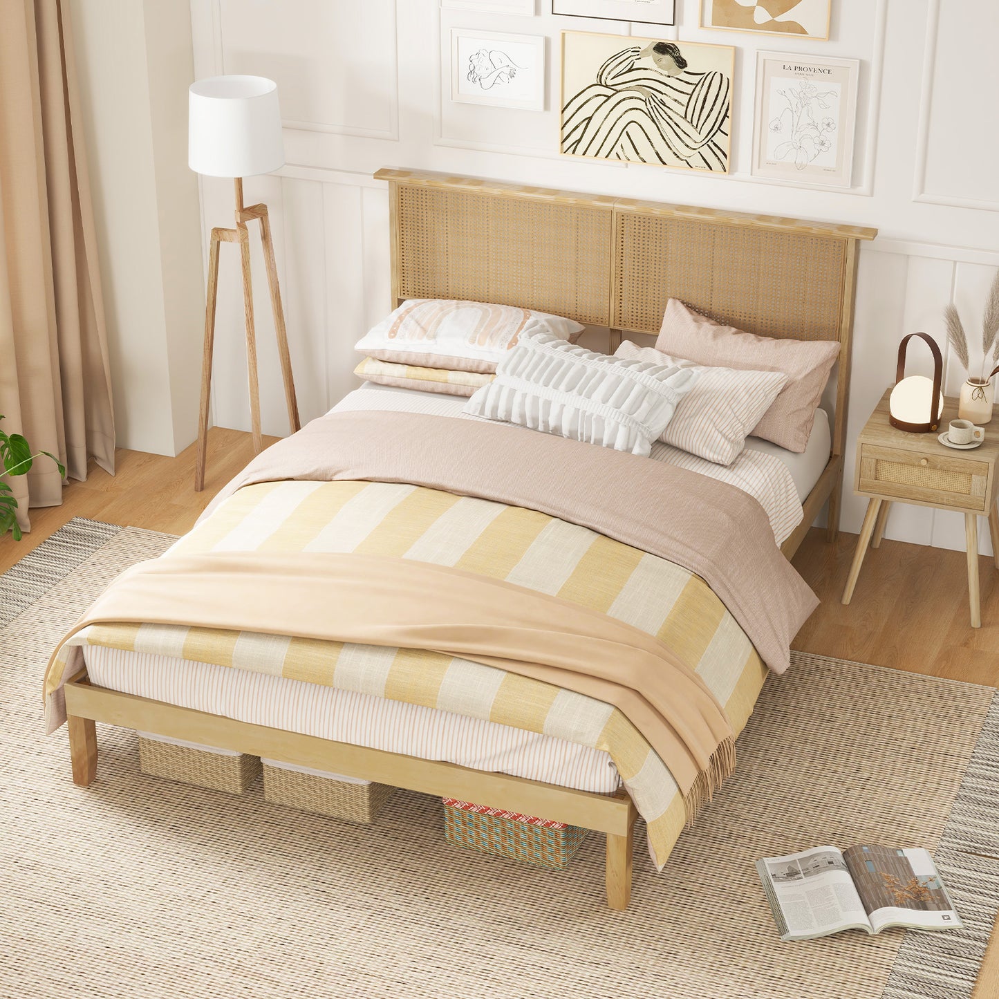 Boho Rattan Headboard Wooden Platform Bed Frame – Queen Size