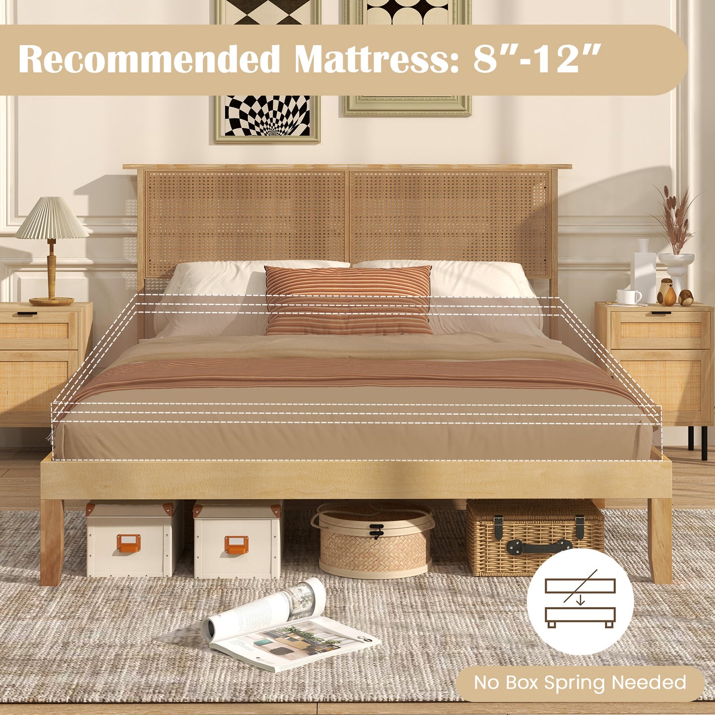 Boho Rattan Headboard Wooden Platform Bed Frame – Queen Size