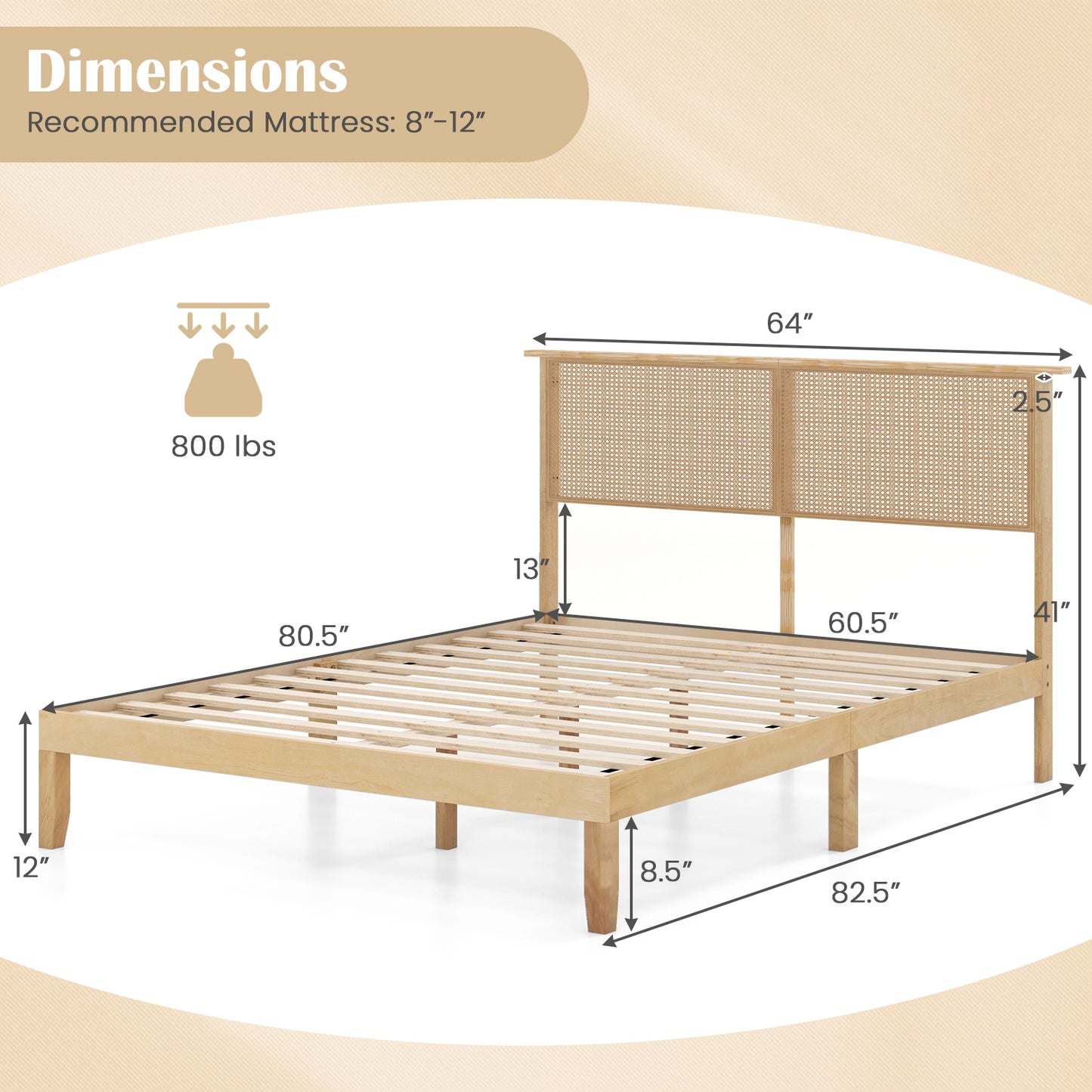 Boho Rattan Headboard Wooden Platform Bed Frame – Queen Size