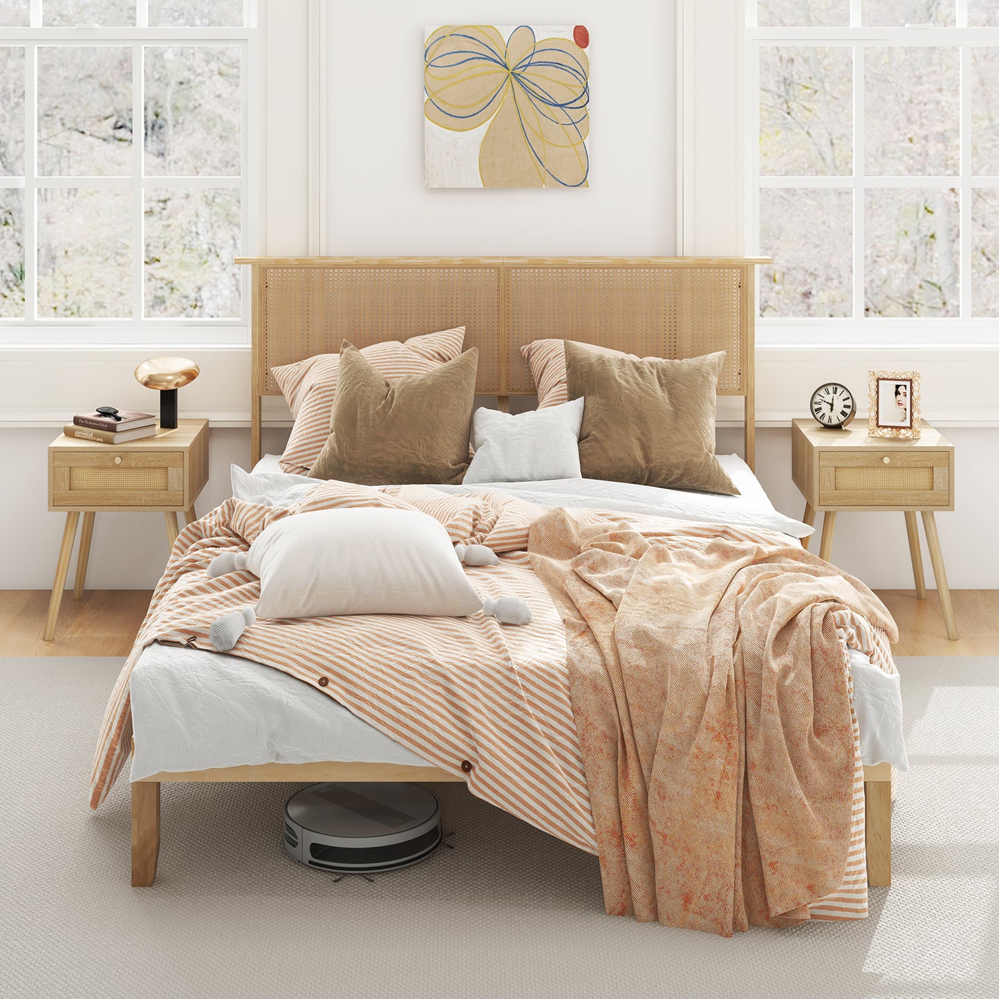 Boho Rattan Headboard Wooden Platform Bed Frame – Queen Size
