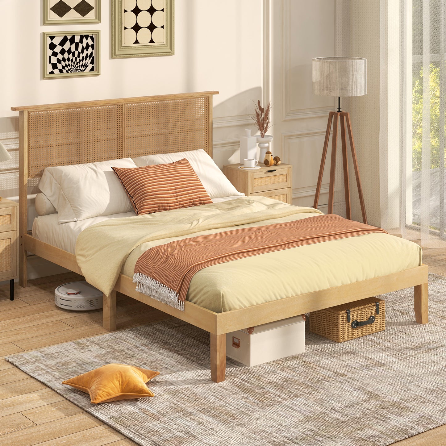 Boho Rattan Headboard Wooden Platform Bed Frame – Full Size