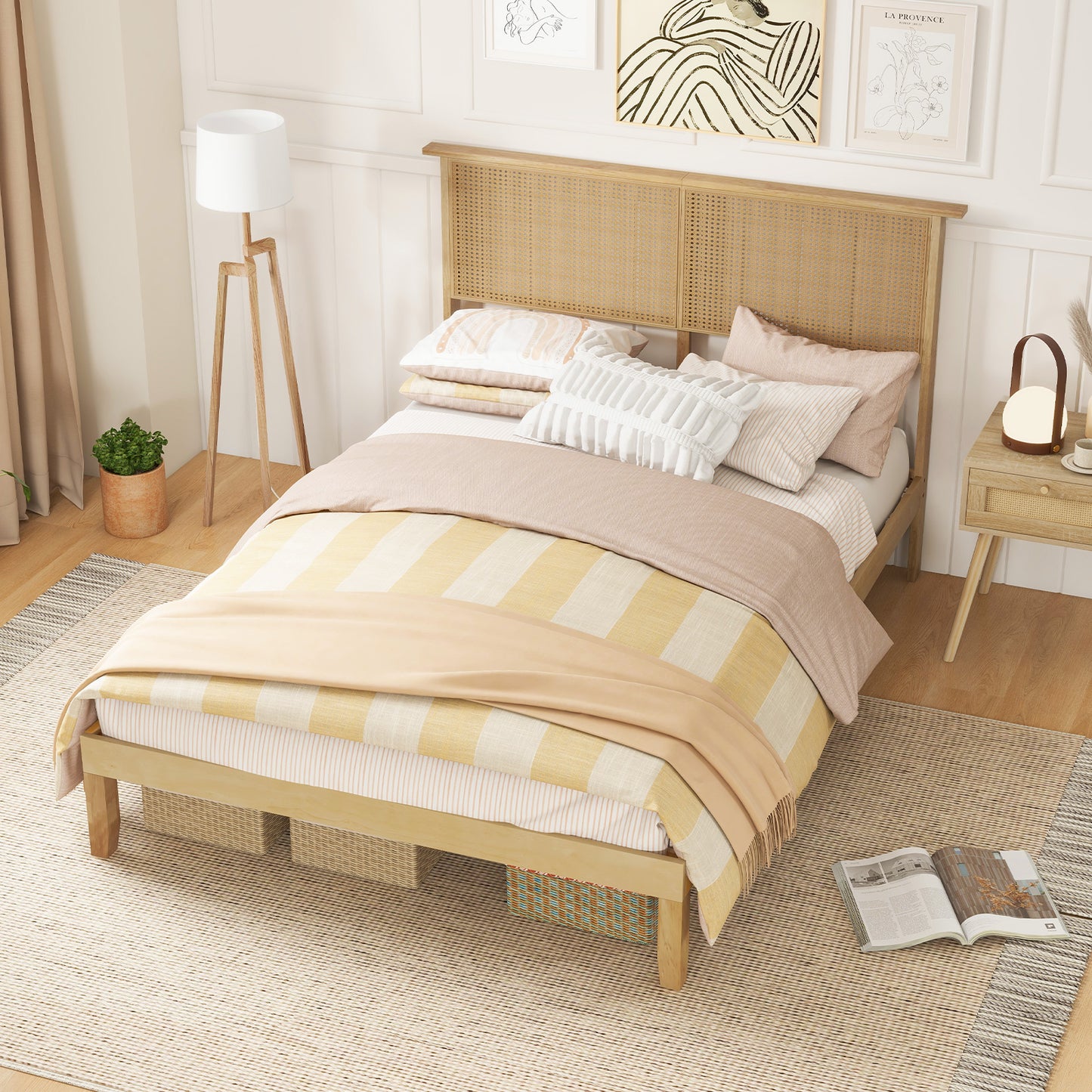 Boho Rattan Headboard Wooden Platform Bed Frame – Full Size